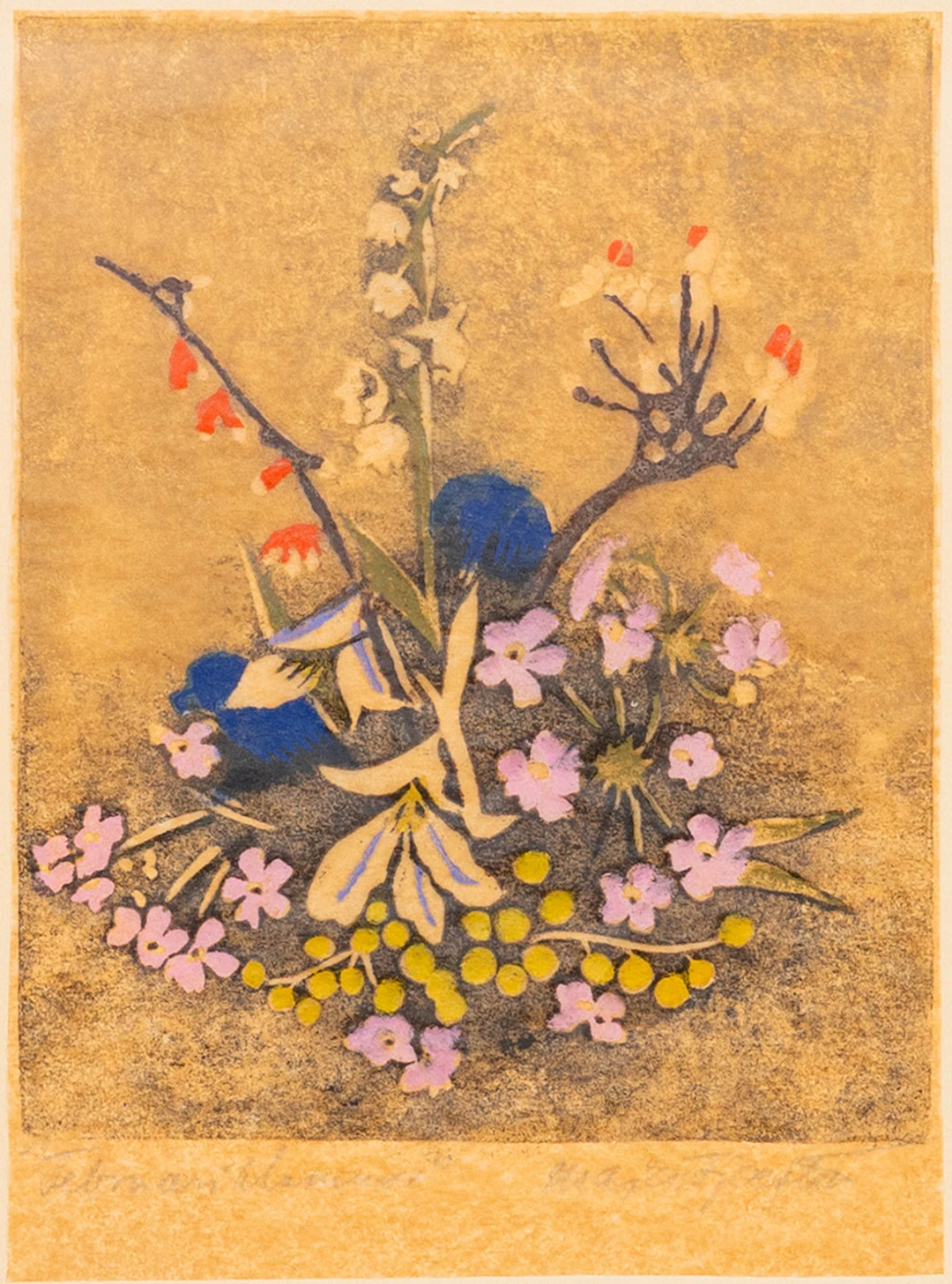 MAJA FJAESTAD. "Februariblommor", träsnitt, kolorerat, signerad.