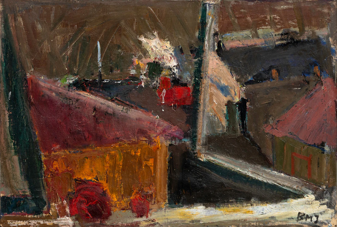 BRITT-MARIE JACOBSSON (1918-1992). Fönsterutsikt över tak, olja på