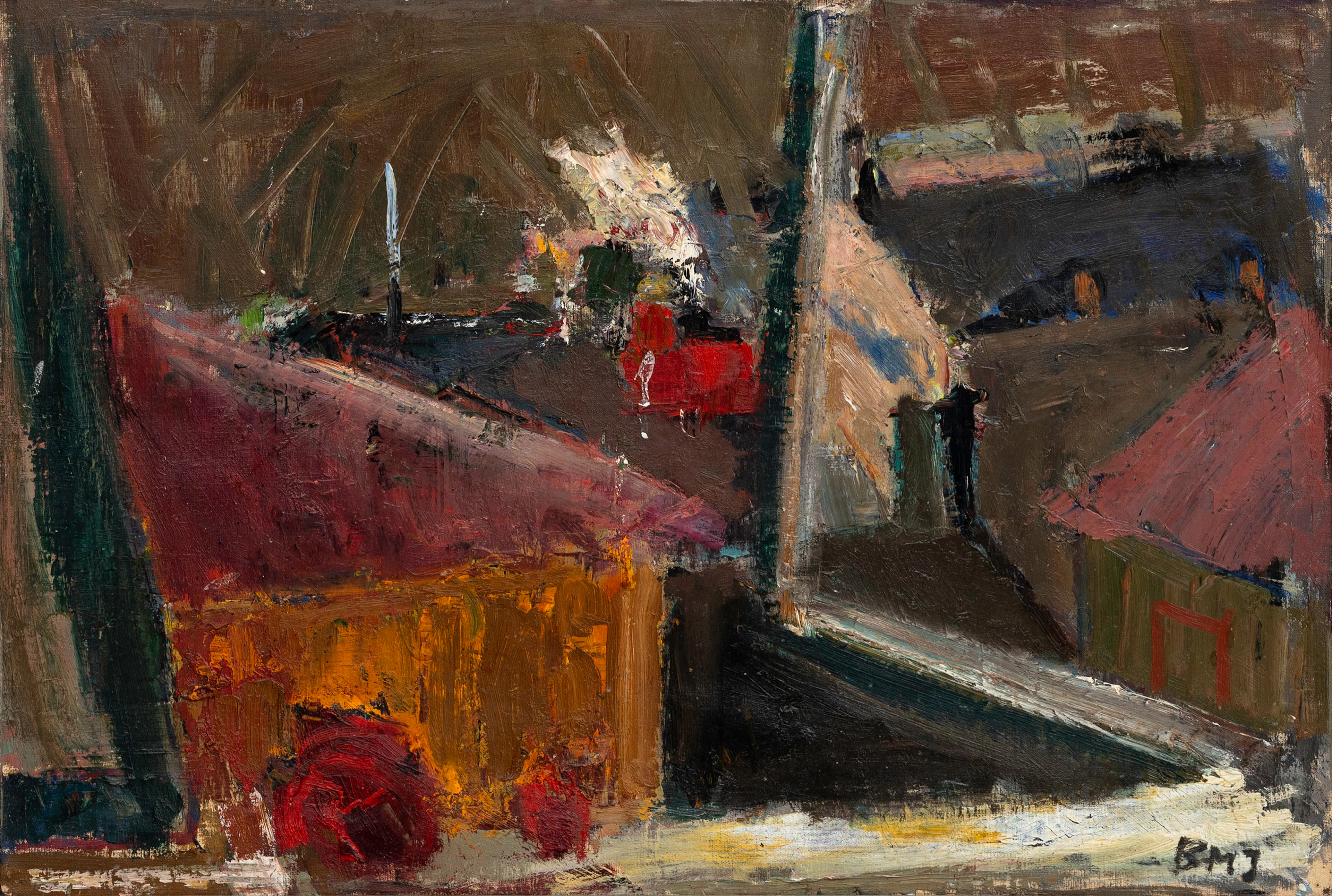 BRITT-MARIE JACOBSSON (1918-1992). Fönsterutsikt över tak, olja på