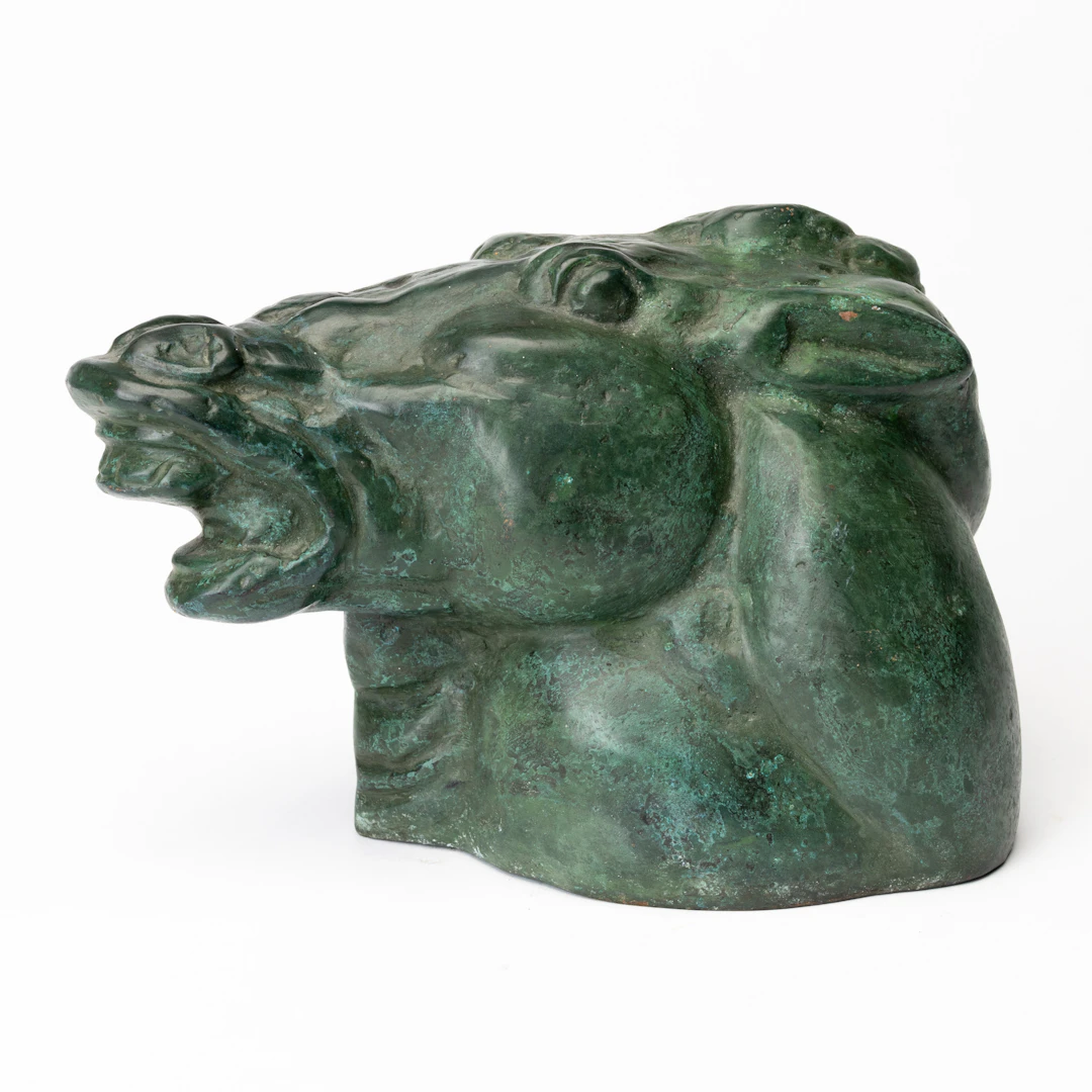 CARL MILLES. EFTER. Hästhuvud, grönpatinerad brons, (Sårad Häst) märkt