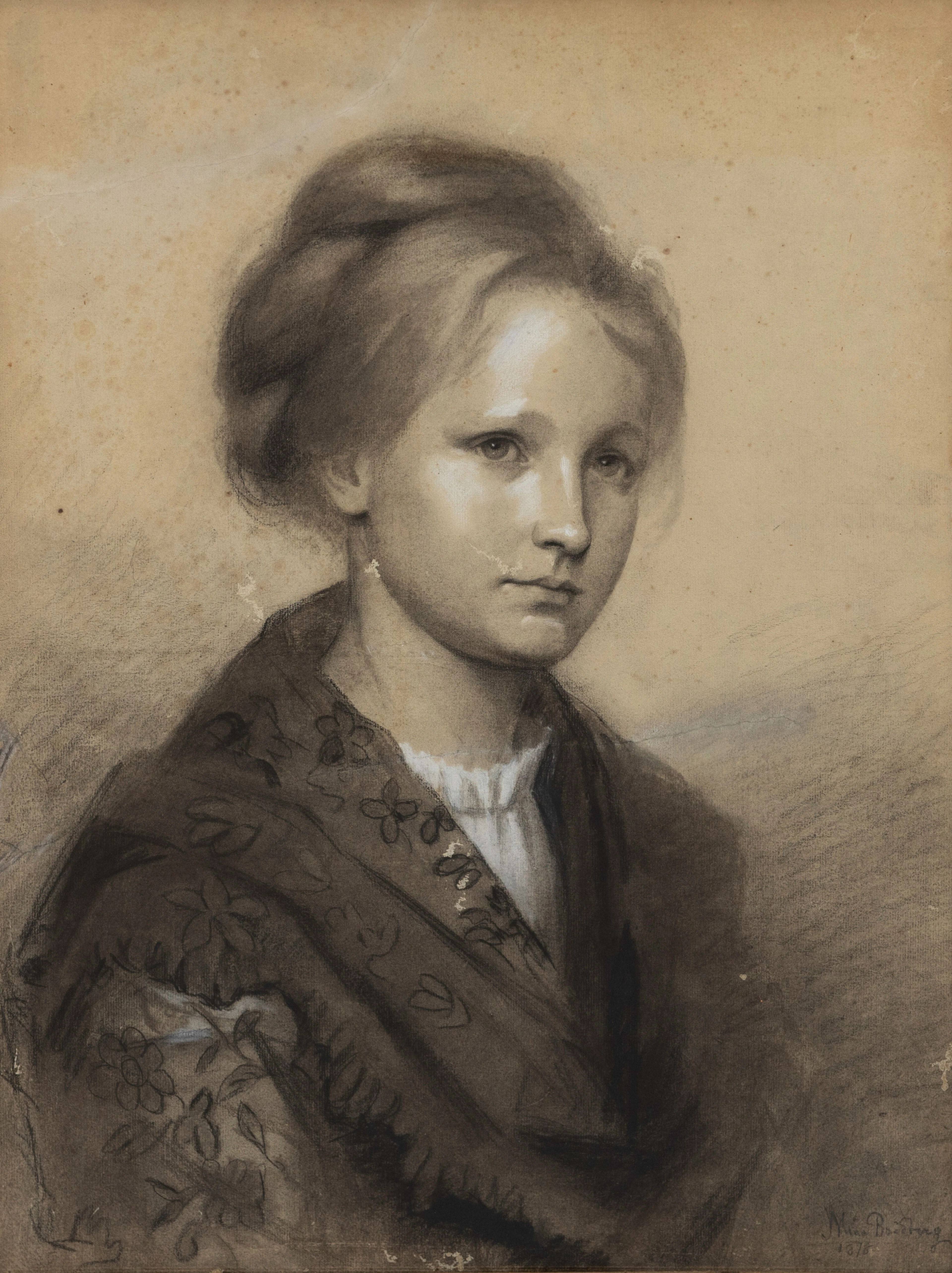 MINA CARLSON-BREDBERG. Porträtt av ung kvinna, blandteknik på papper