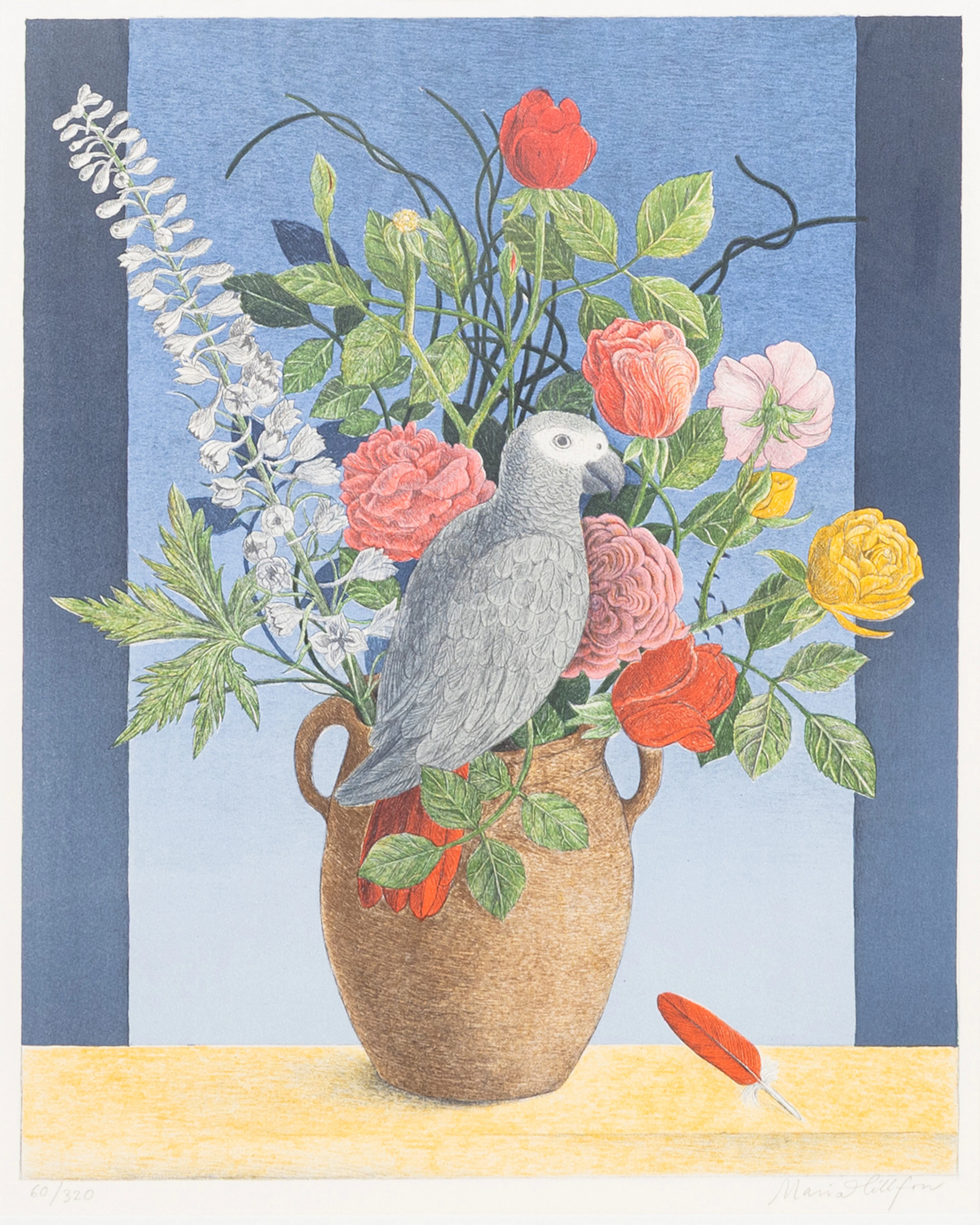MARIA HILLFON. Blomsterstilleben med papegoja, färglitografi, signerad