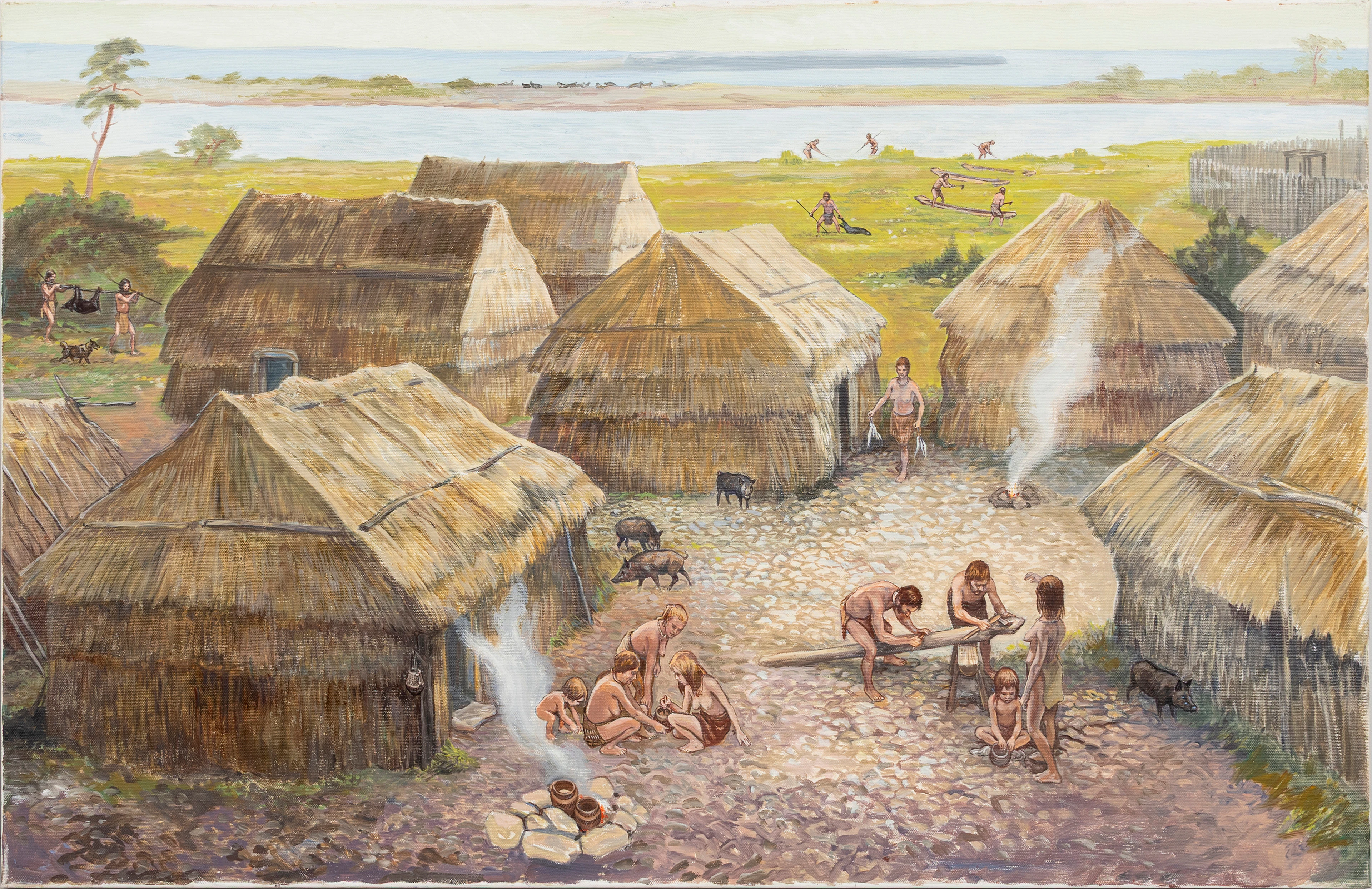 GÖTE GÖRANSSON. TILLSKRIVEN. Förhistoriskt familjeliv, olja på duk, osignerad.