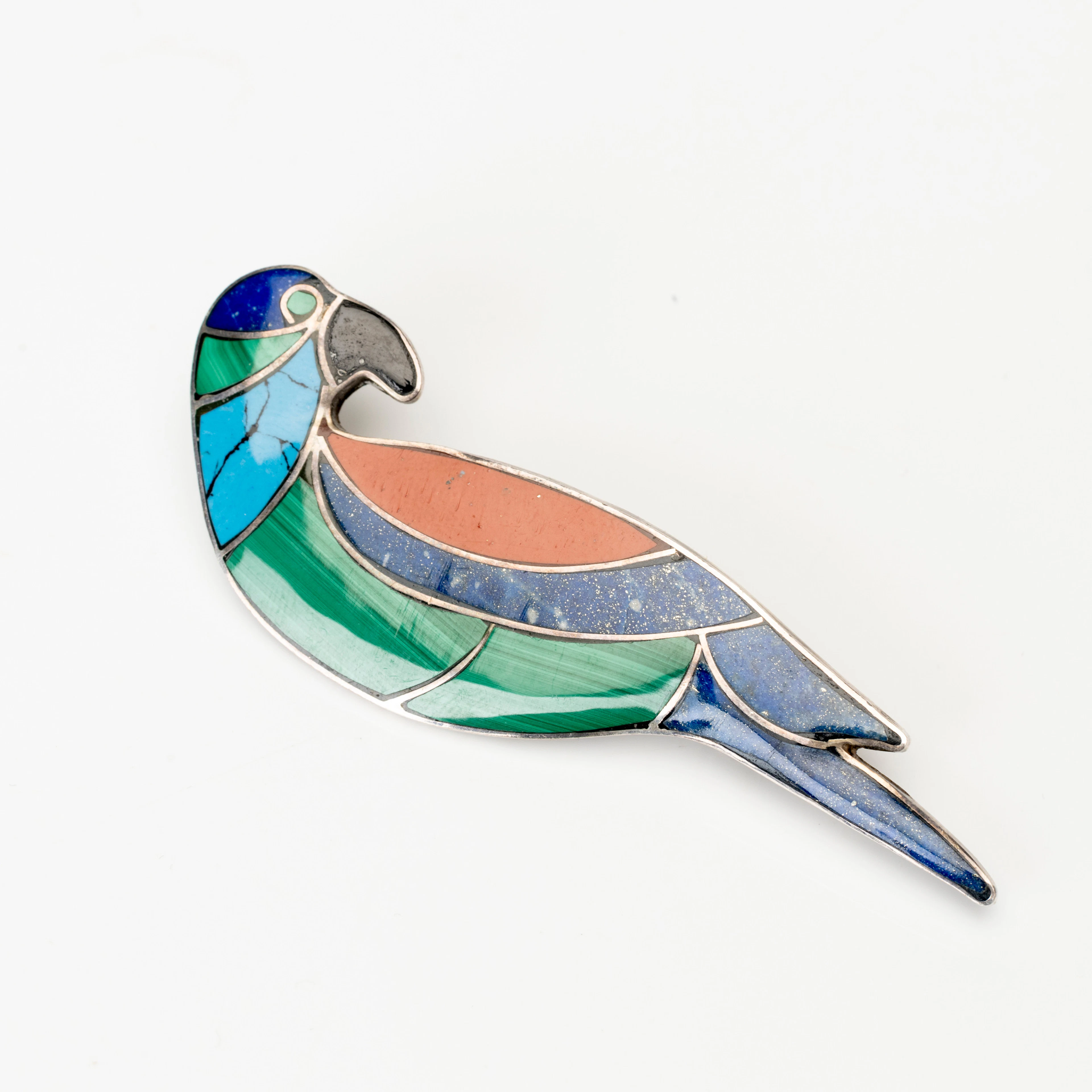 BROSCH, mosaik av olika stenar, bl.a. malakit, silver, troligen Mexiko