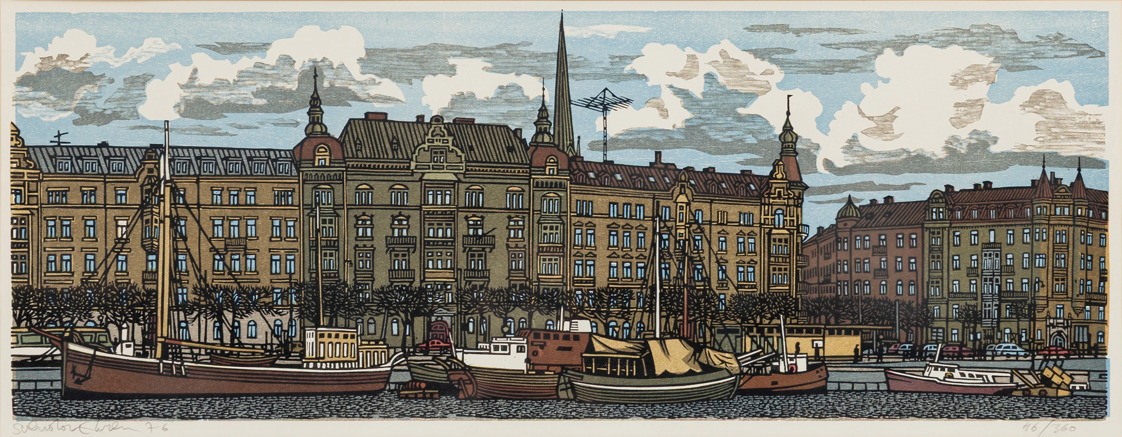 SVENOLOV EHRÉN. Motiv från Strandvägen, Stockholm, träsnitt, signerad
