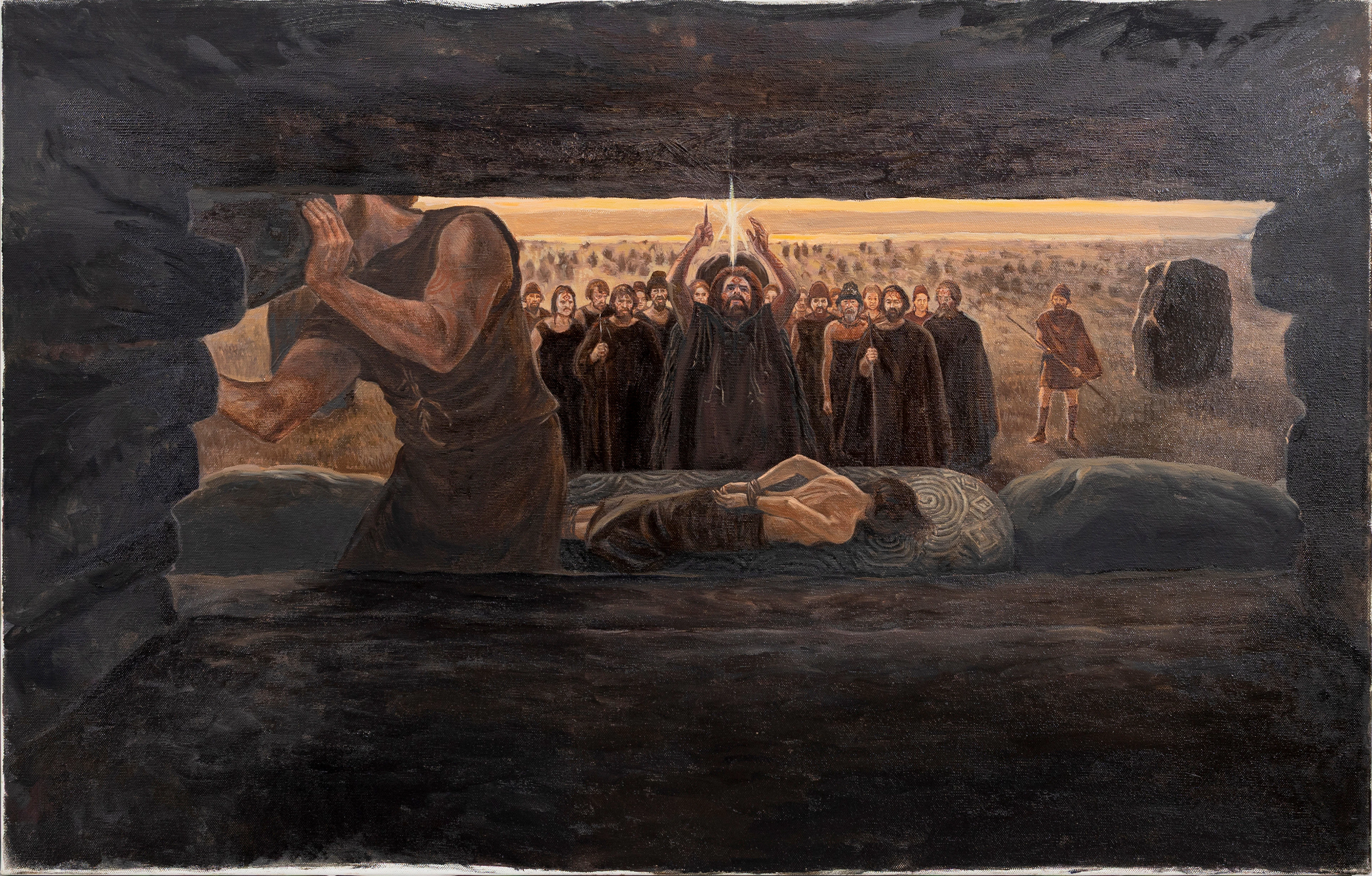 GÖTE GÖRANSSON. TILLSKRIVEN. Förhistorisk ritual, olja på duk, osignerad.