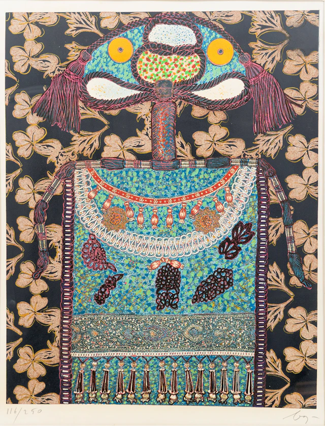 ENRICO BAJ. "Lady Virginia Woolf", serigrafi med glitter, signerad
