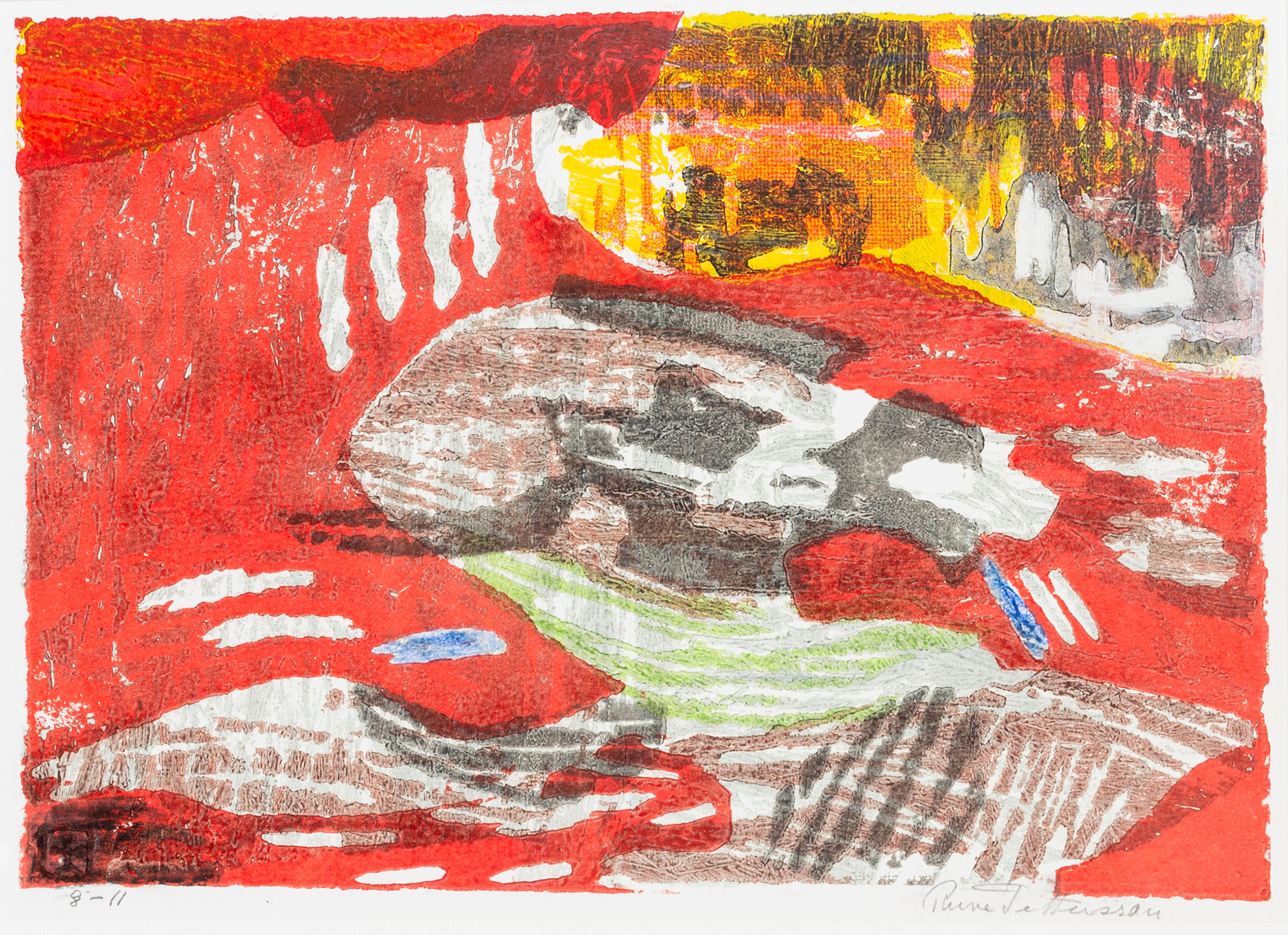RUNE PETTERSSON (1918-99). Abstakt komposition i rött, färglitografi