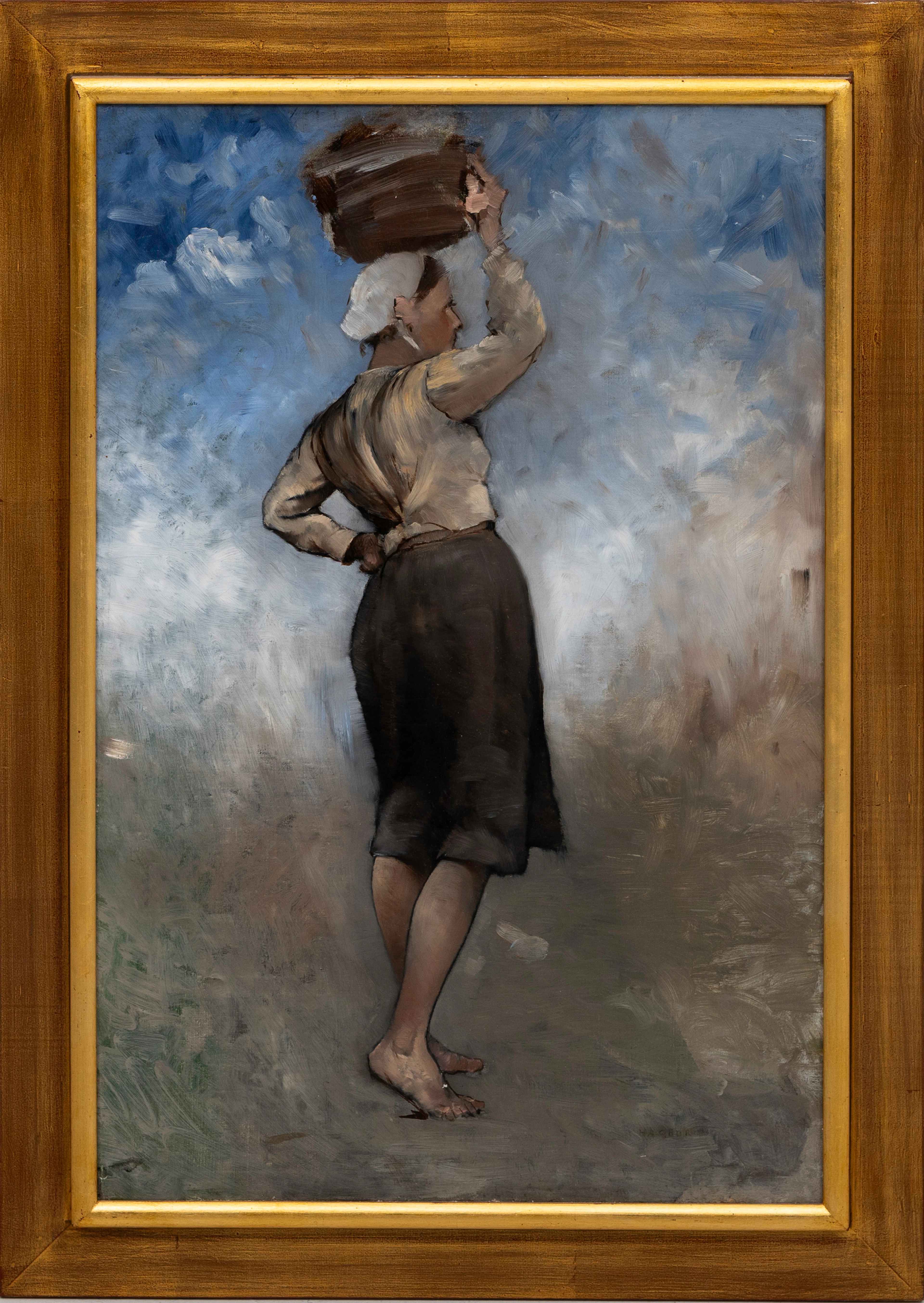 AUGUST HAGBORG. Kvinna bärandes på bytta, olja på duk, signerad, Hagborg.