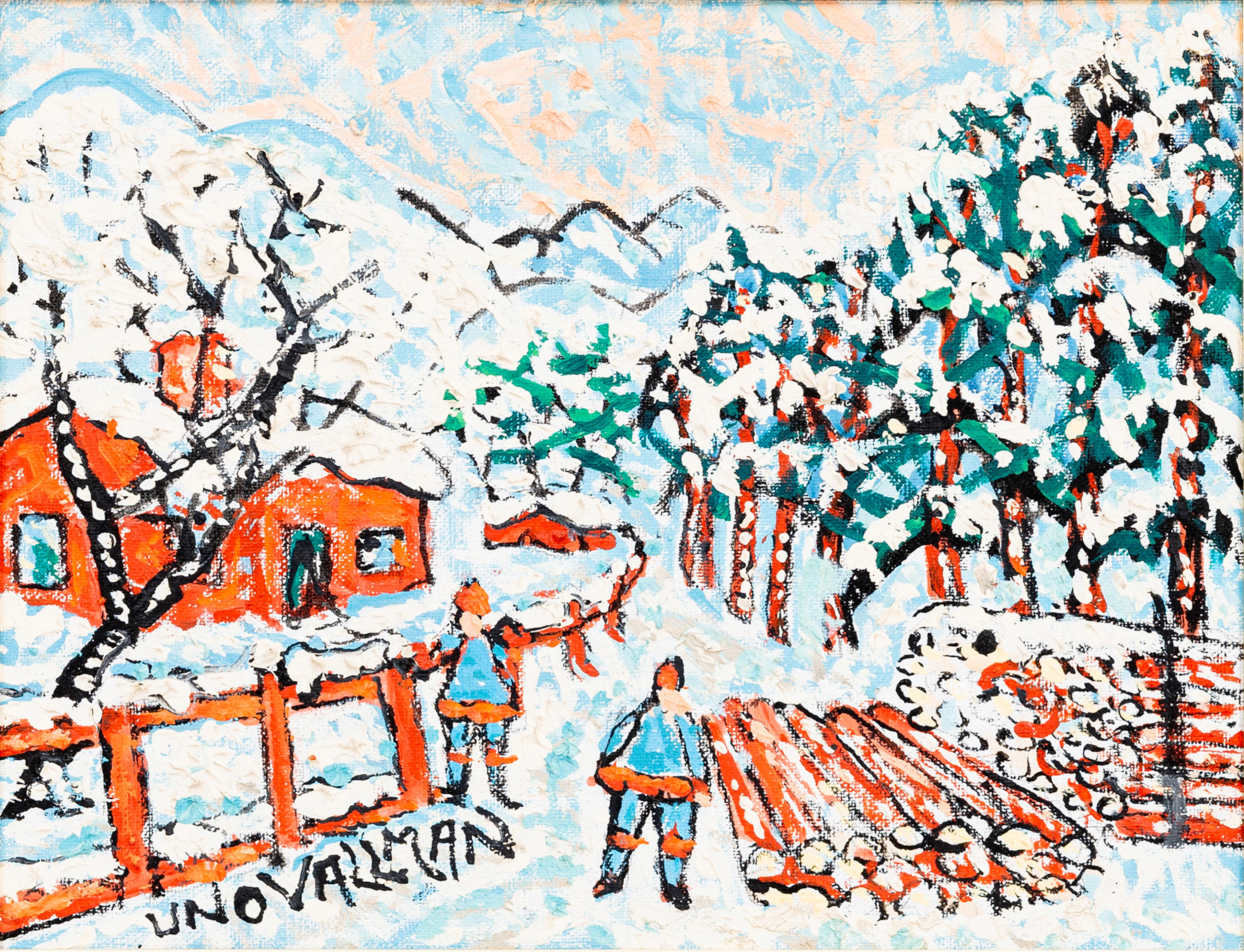 UNO VALLMAN. Figurer i vinterlandskap, olja på duk, signerad.