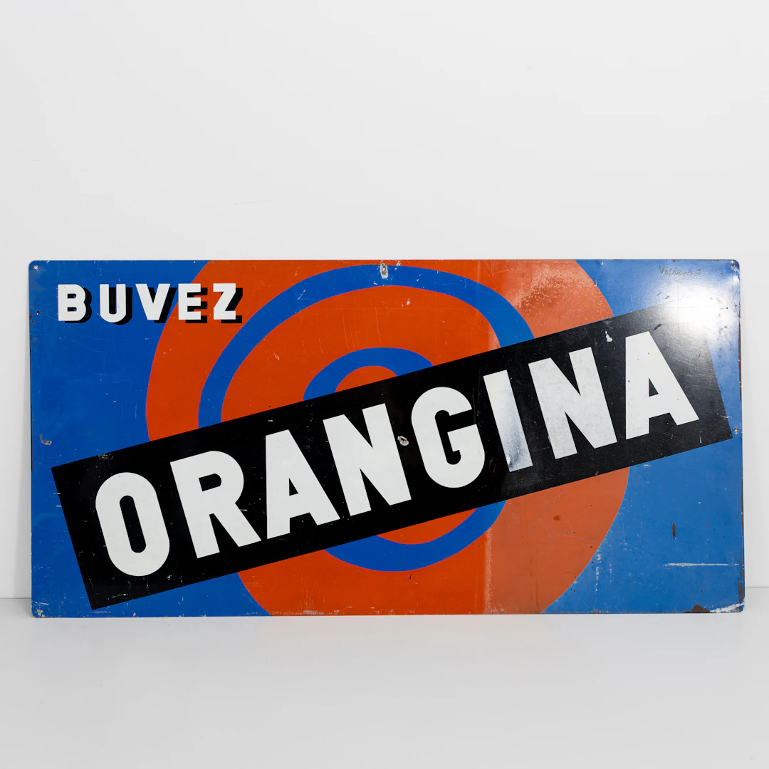 PLÅTSKYLT, Buvez Orangina, Bernard Villemot, Frankrike, 1900-talets mitt.