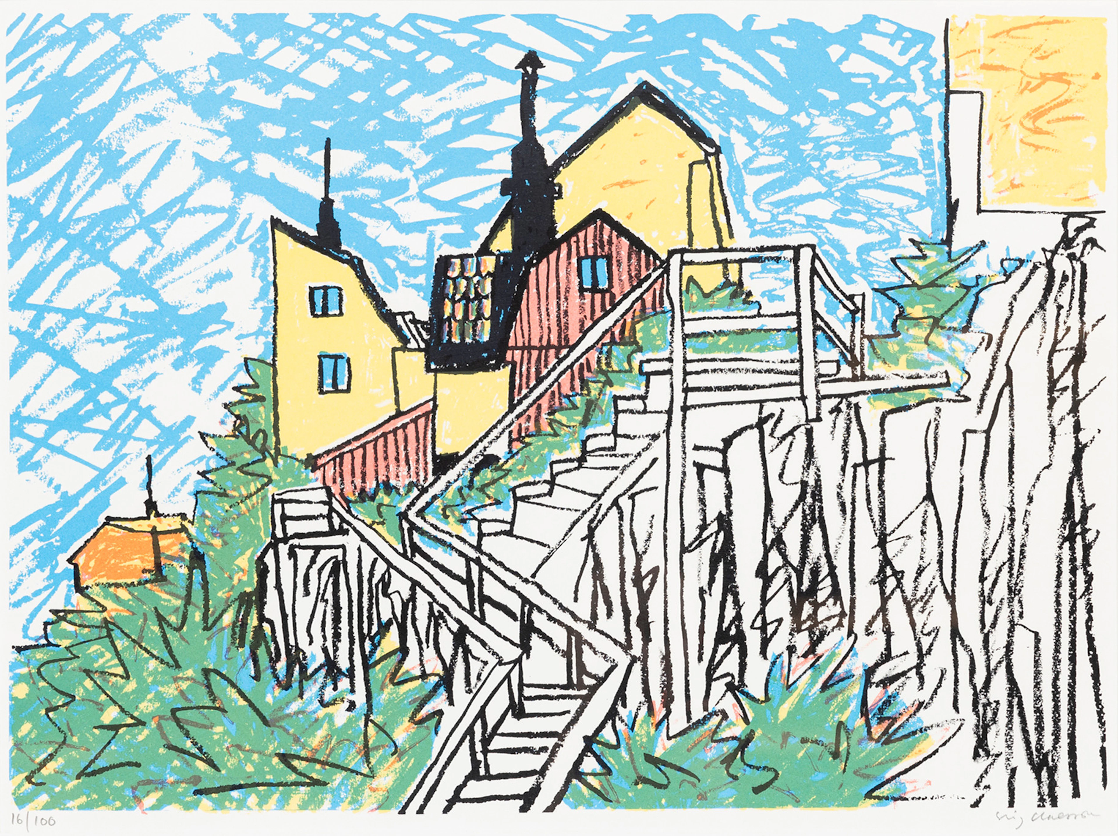 STIG (SLAS) CLAESSON. Motiv från södermalm, färglitografi, signerad