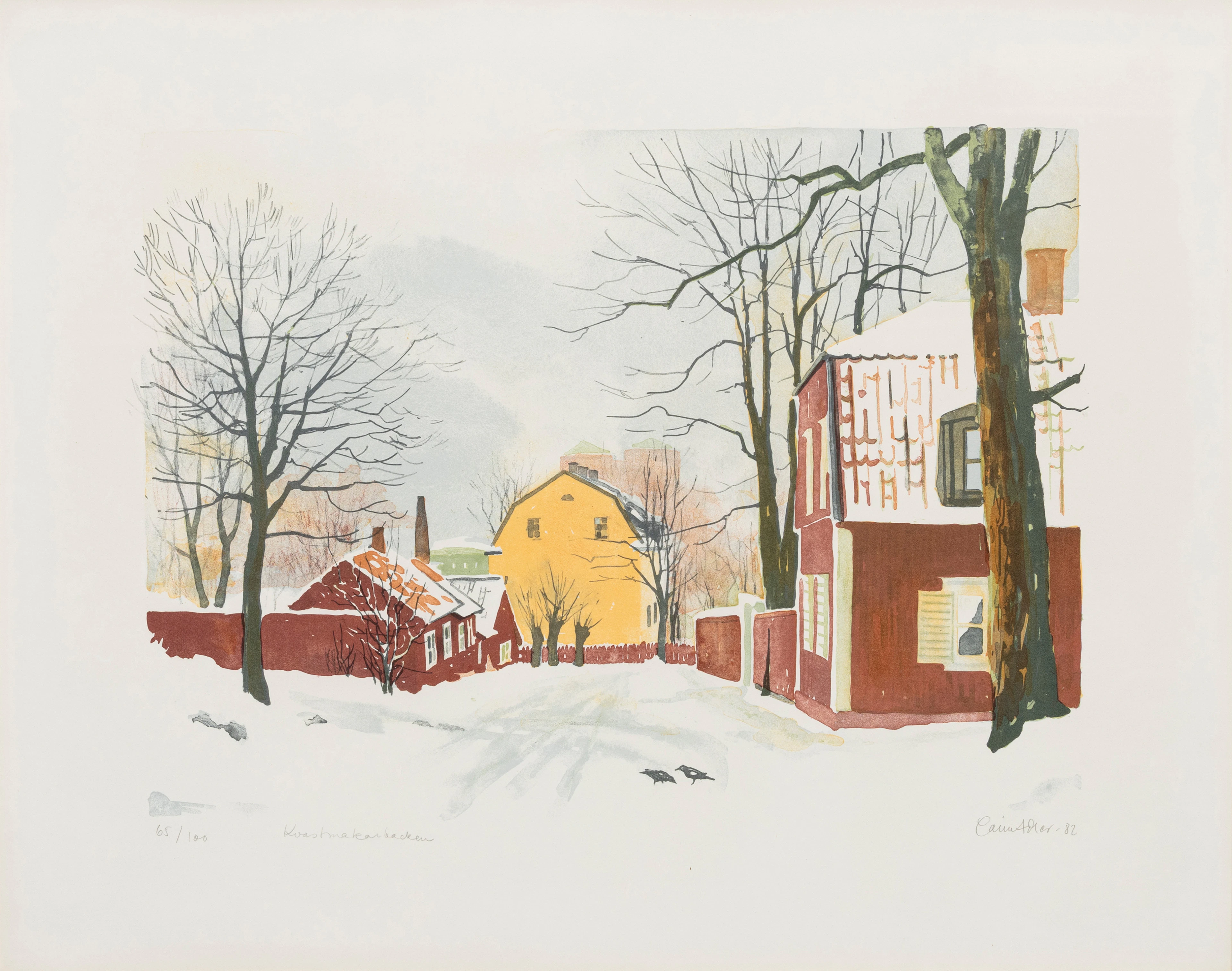 CARIN ADLER (1929-2019). "Kvastmakarbacken", färglitografi, signerad