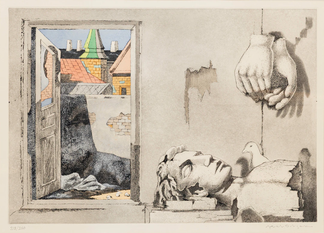 AXEL OLSON. "Dörr mot ljuset", färglitografi, signerad och numrerad, 218/260.
