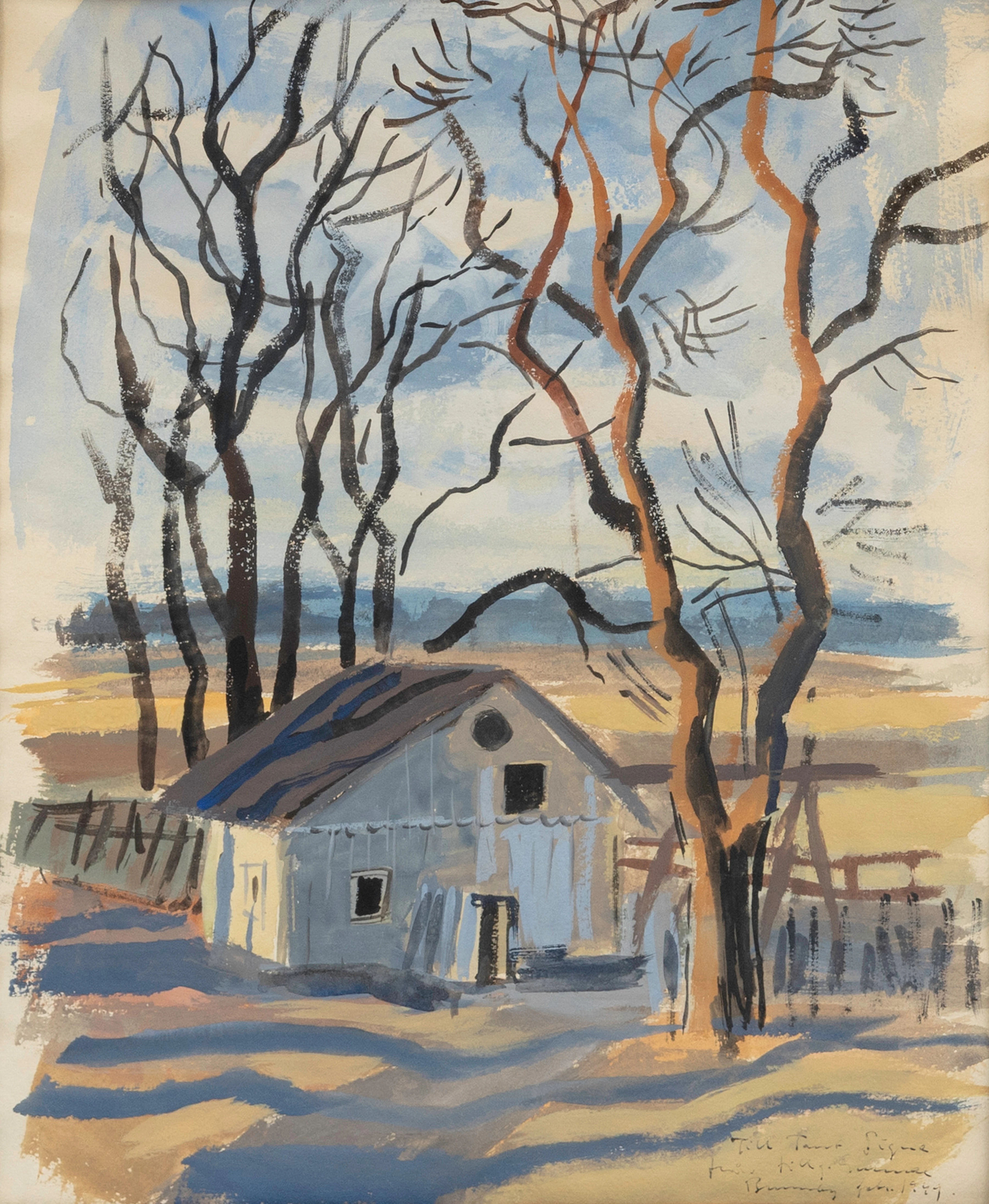 GUNNAR BRUSEWITZ. Gårdsmotiv, gouache på papper, gåvodedikation signerad