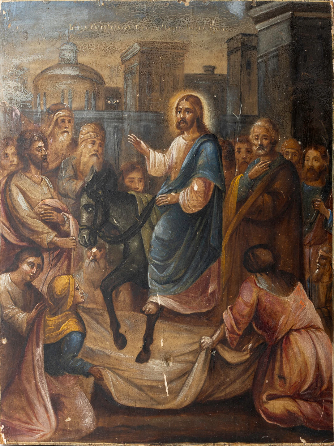 OKÄND KONSTNÄR. Jesus rider in i Jerusalem på en åsna, olja på pannå