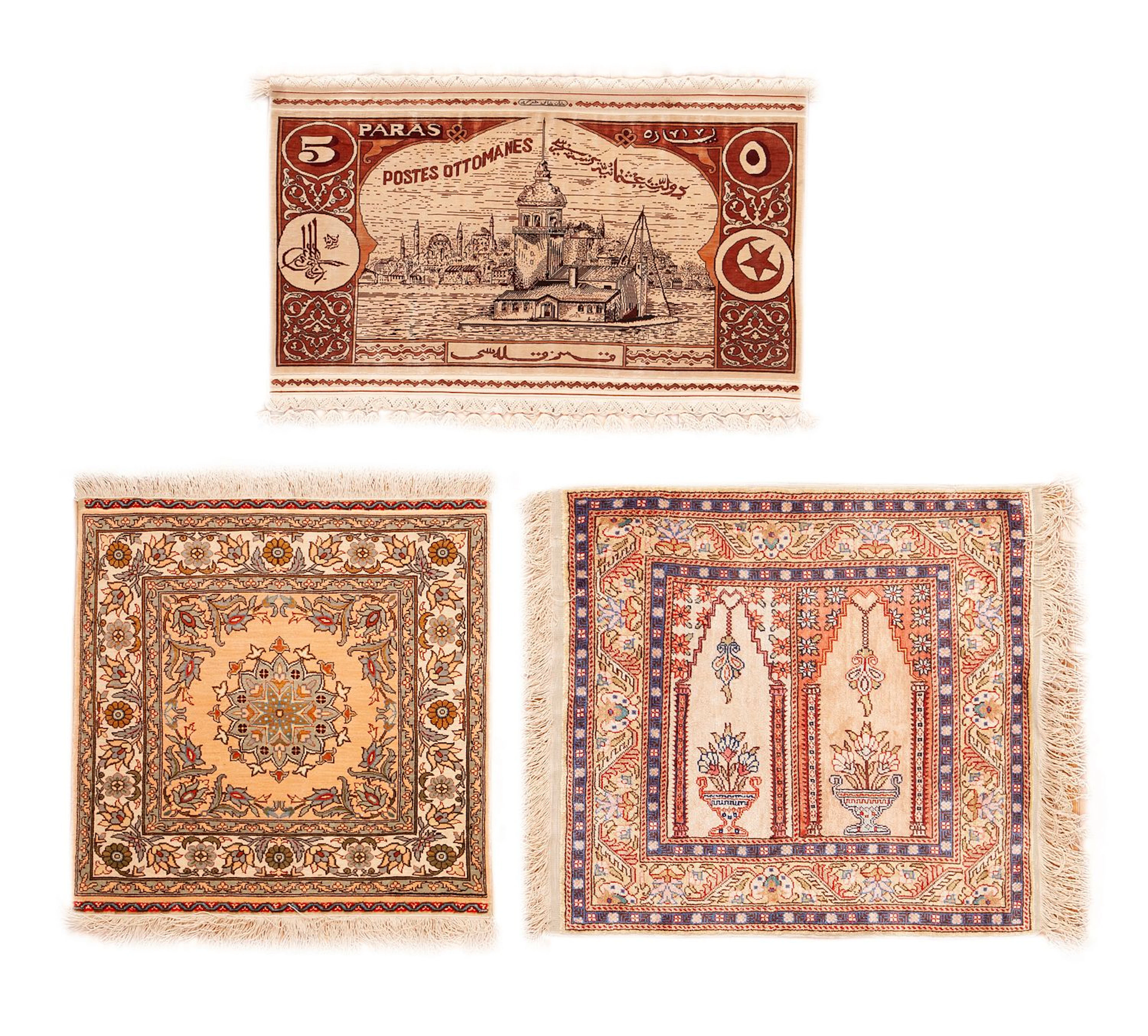 No Reserve - Set of 3 Silk Vintage Turkish Hereke Pictorial Rugs