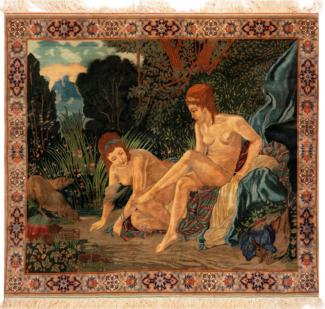 Vintage Persian Tabriz Tableau Rug Depicting “Diane sortant du bain”