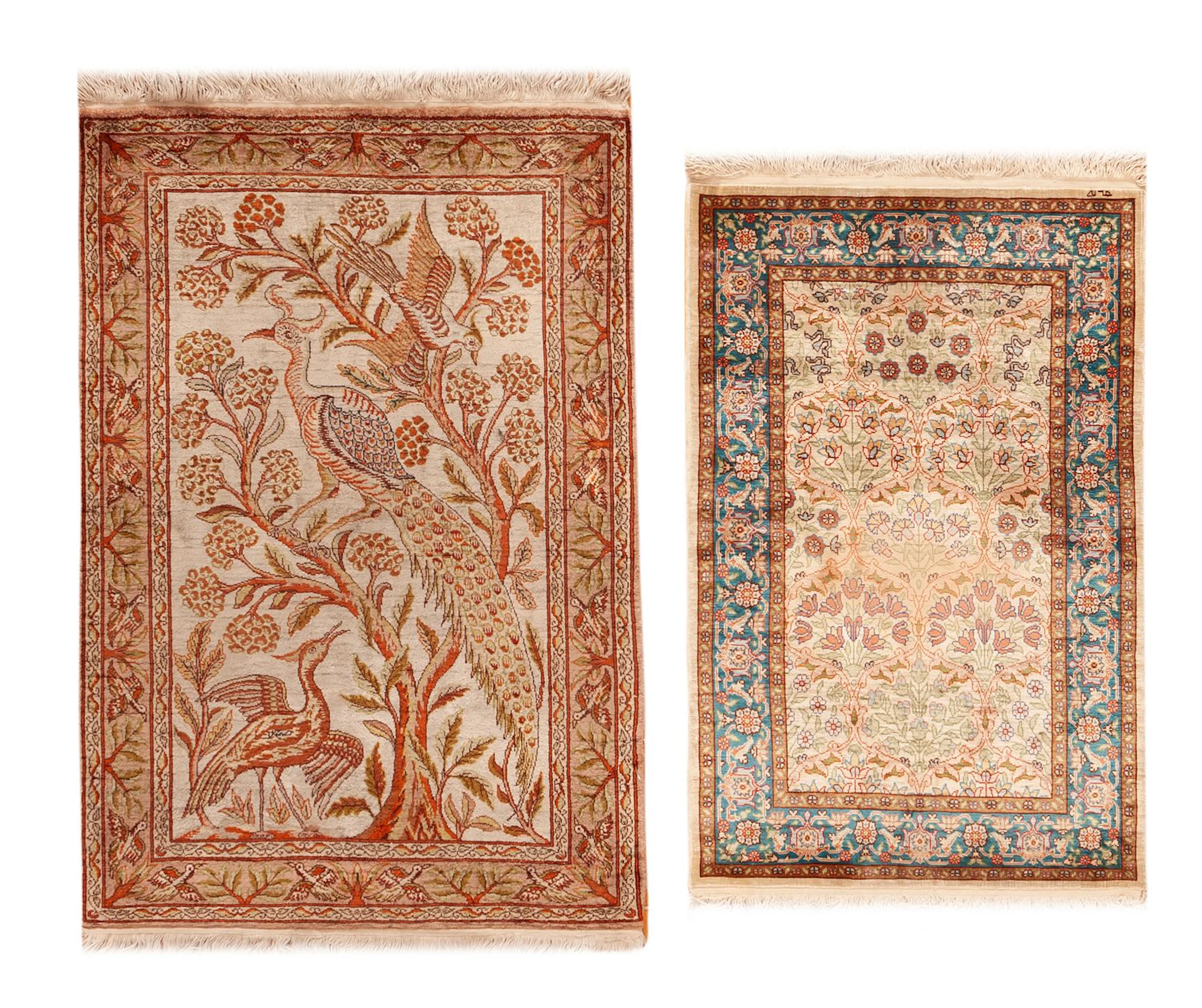 No Reserve - Pair of Vintage Turkish Silk Hereke Rugs - Mid-20th Century