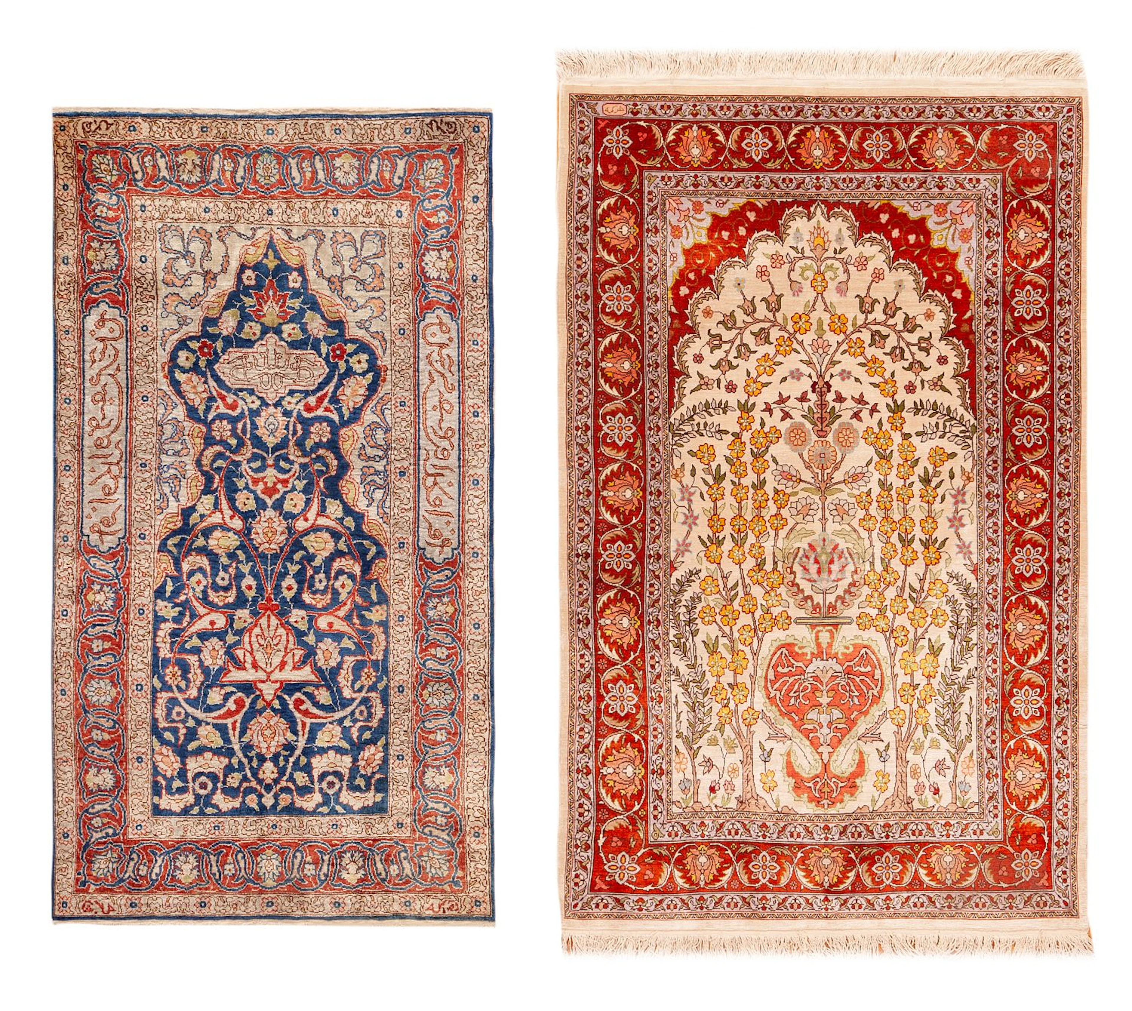 No Reserve - Pair of Vintage Turkish Silk Hereke Prayer Rugs - Mid-20th