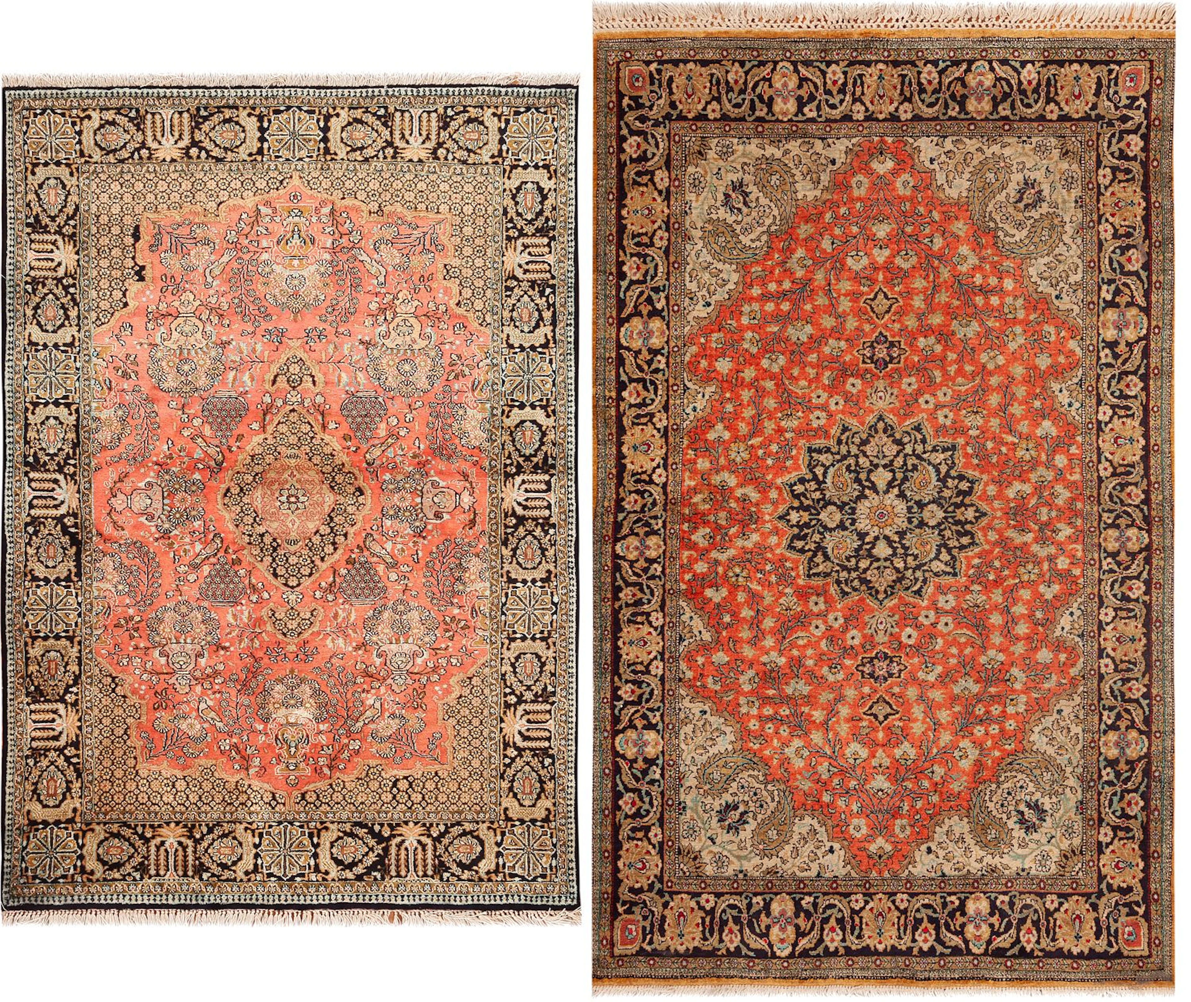 No Reserve - Pair of Vintage Persian Silk Qum Rugs - Circa 1970 -