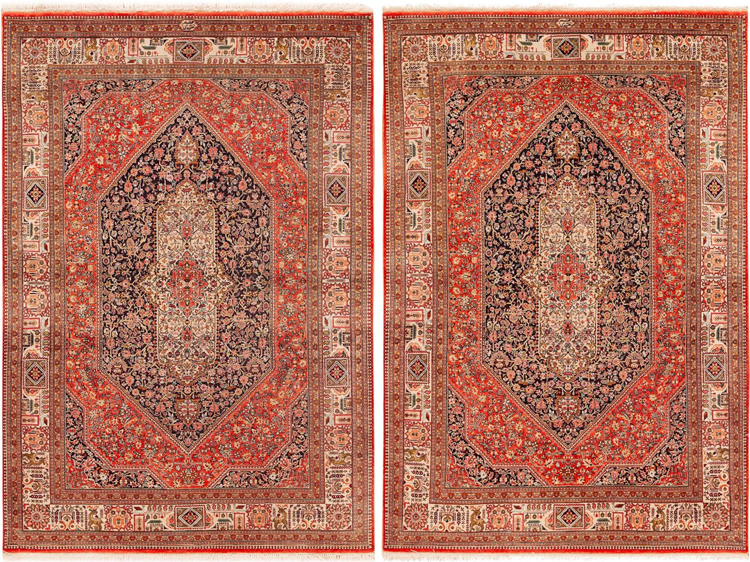No Reserve - Signed Jamshidi Pair of Vintage Persian Silk Qum Rugs