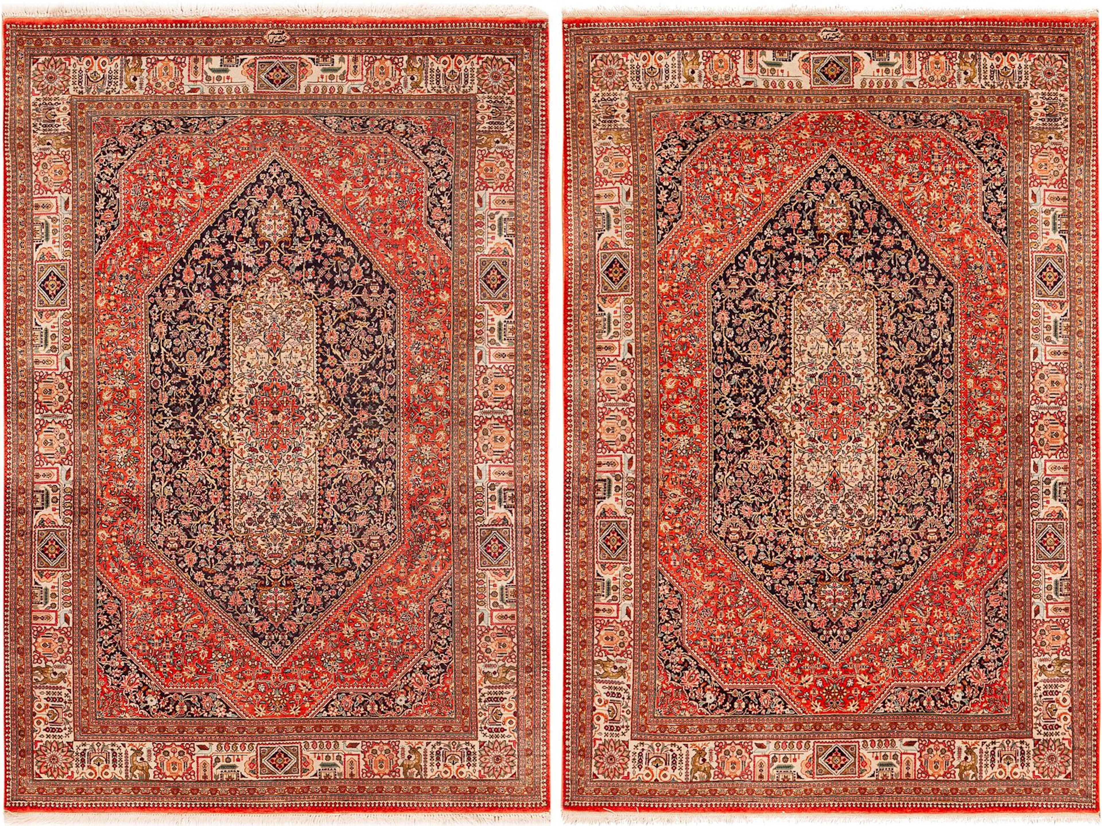 No Reserve - Signed Jamshidi Pair of Vintage Persian Silk Qum Rugs