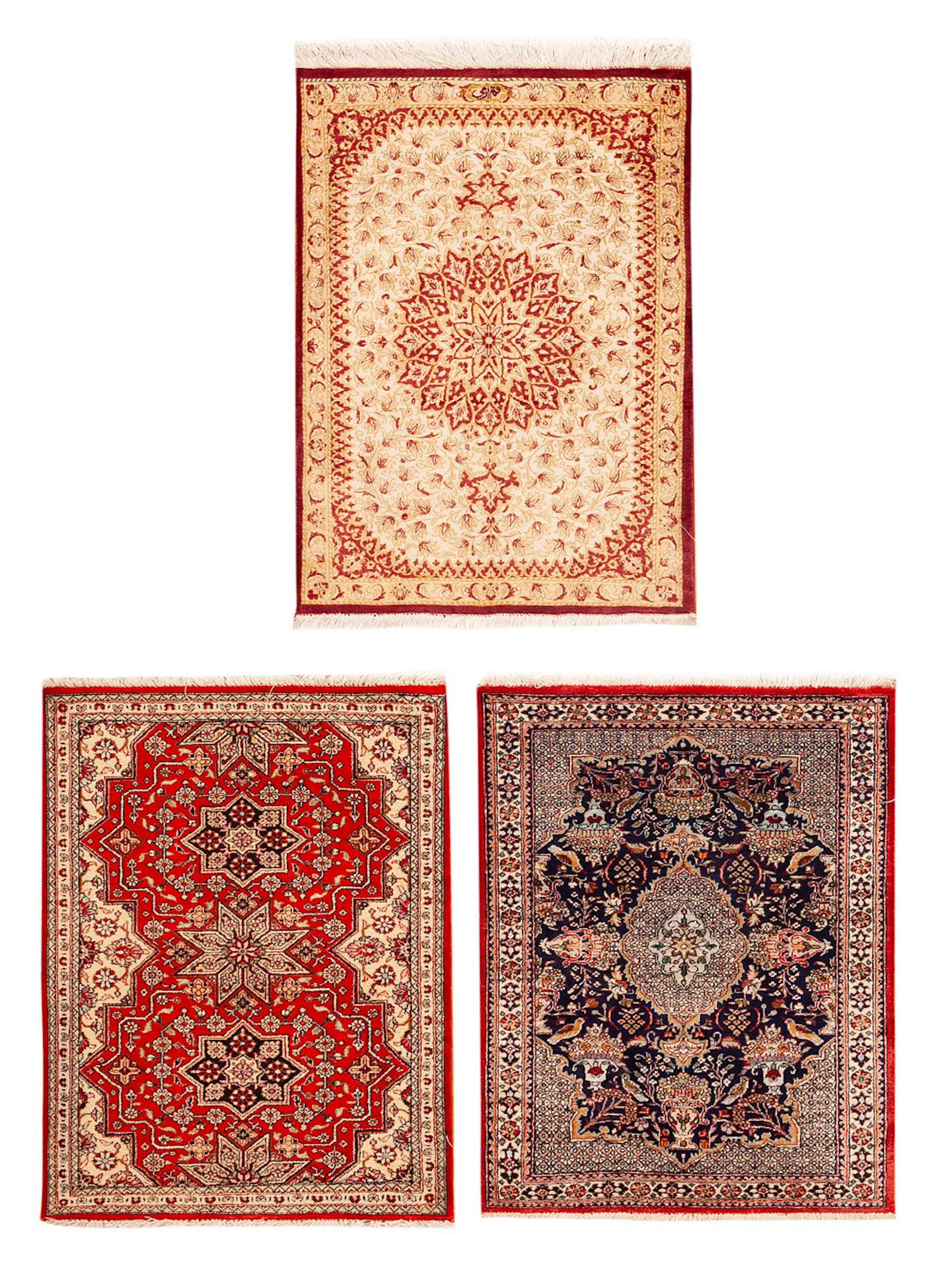 No Reserve - Collection of Three Vintage Persian Silk Qum Rugs - -