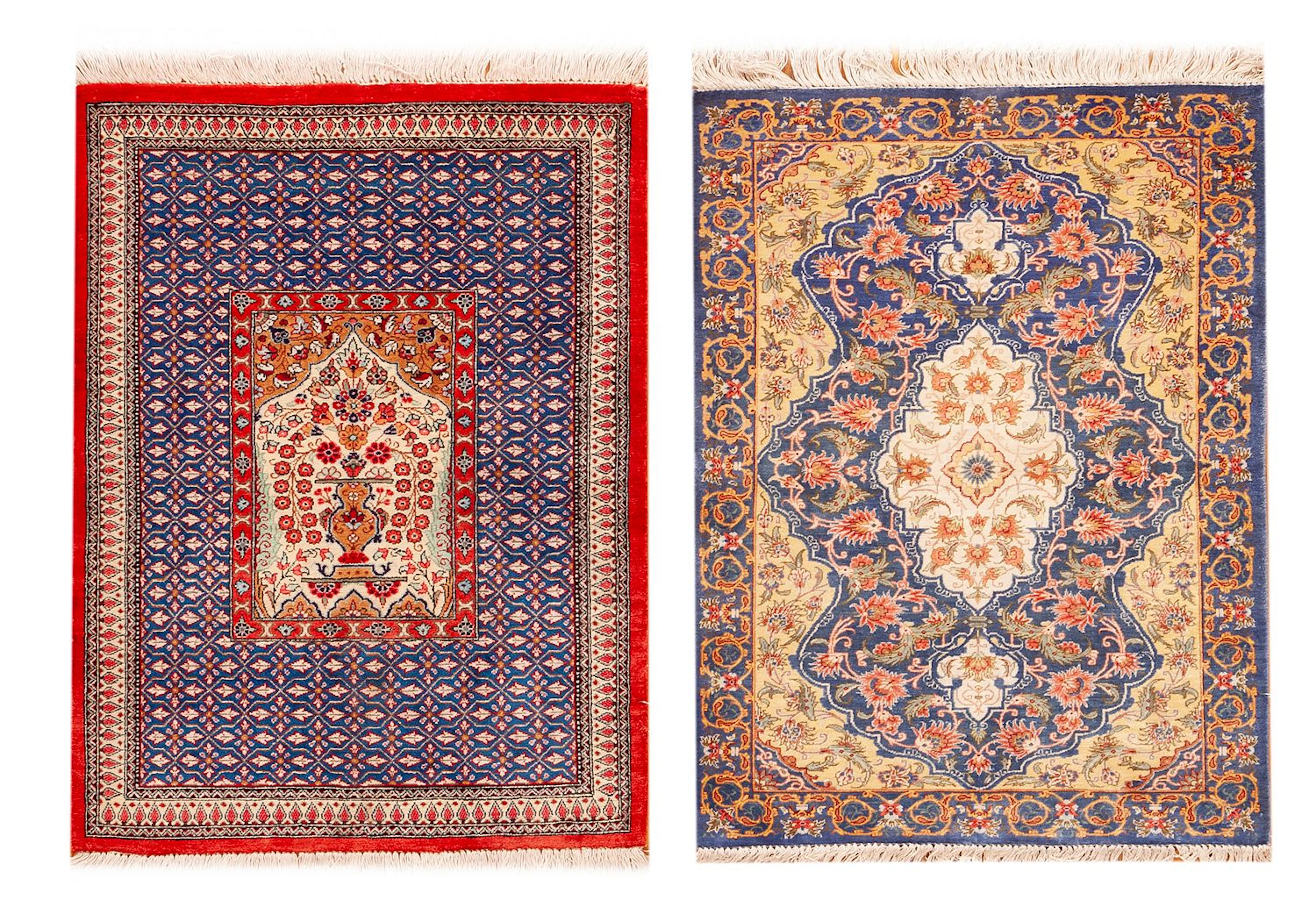 No Reserve - Pair of Silk Vintage Persian Qum Rugs 2 ft 6 in x 1 ft