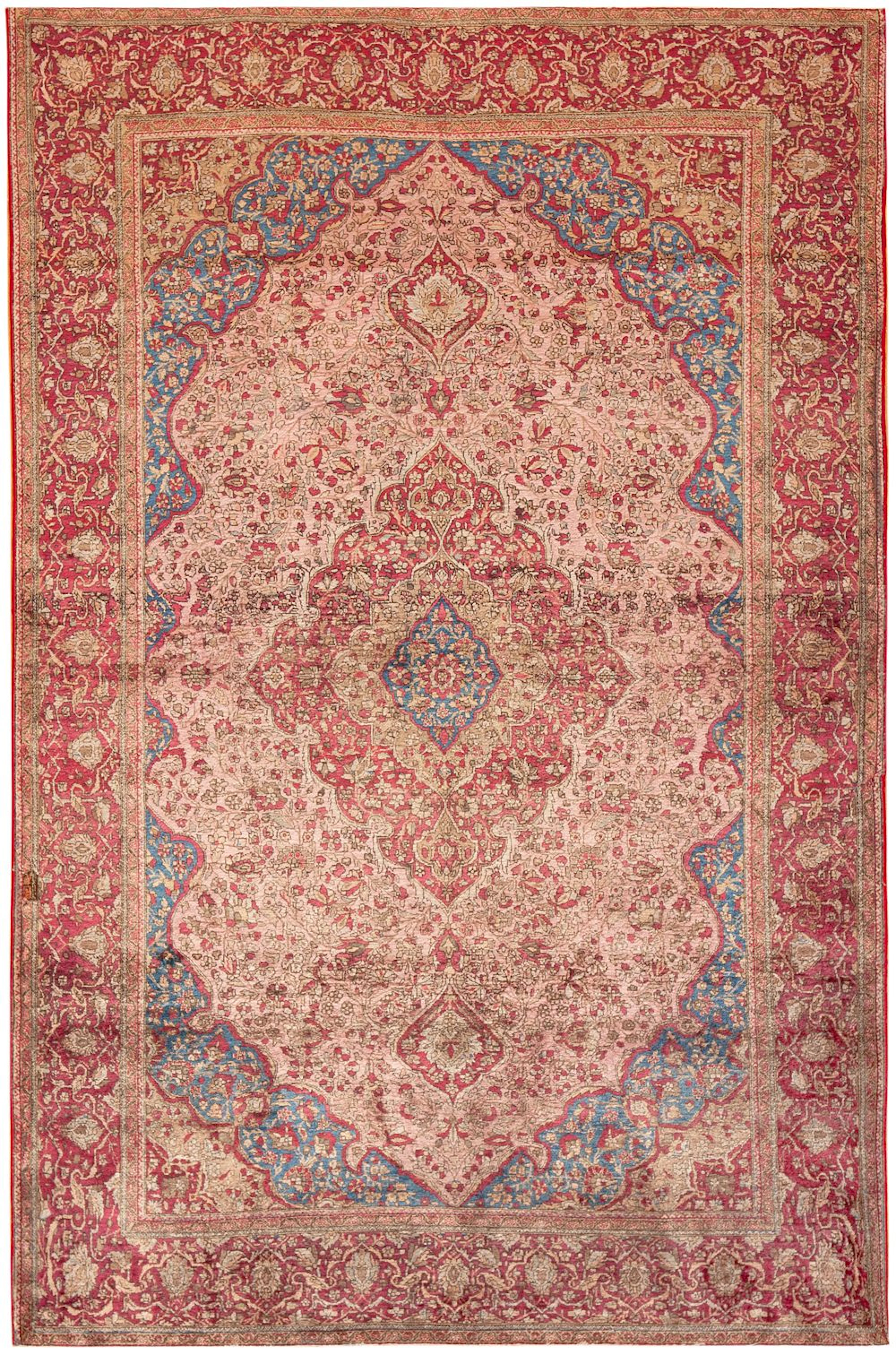 No Reserve - Fine Antique Silk Kashan Mohtashem Rug, Central Persia