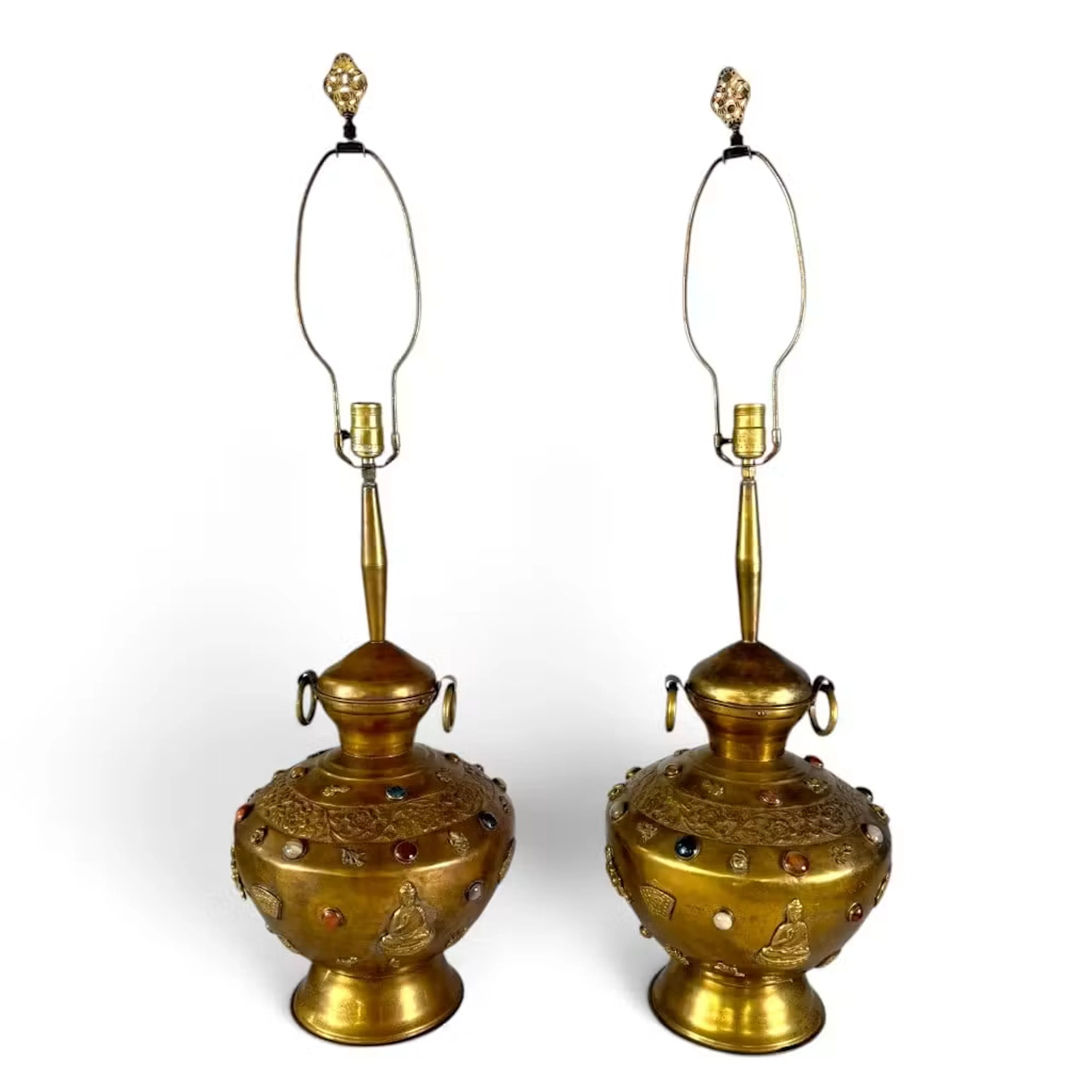 Lot 25A: Pair Gilt Metal Cabochon Buddha Lamps