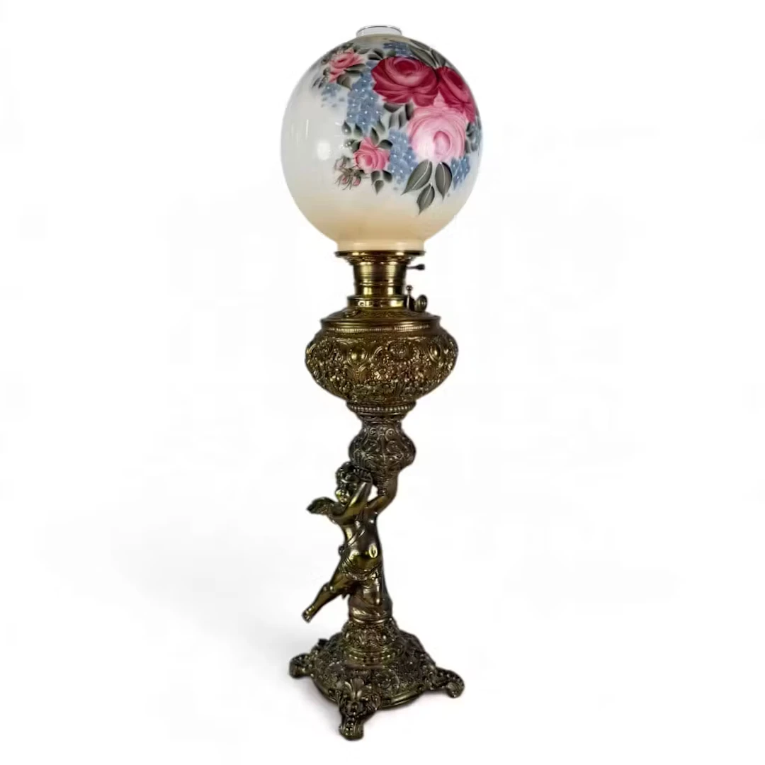 Lot 186: Figural Brass Lamp with Signed Floral Shade