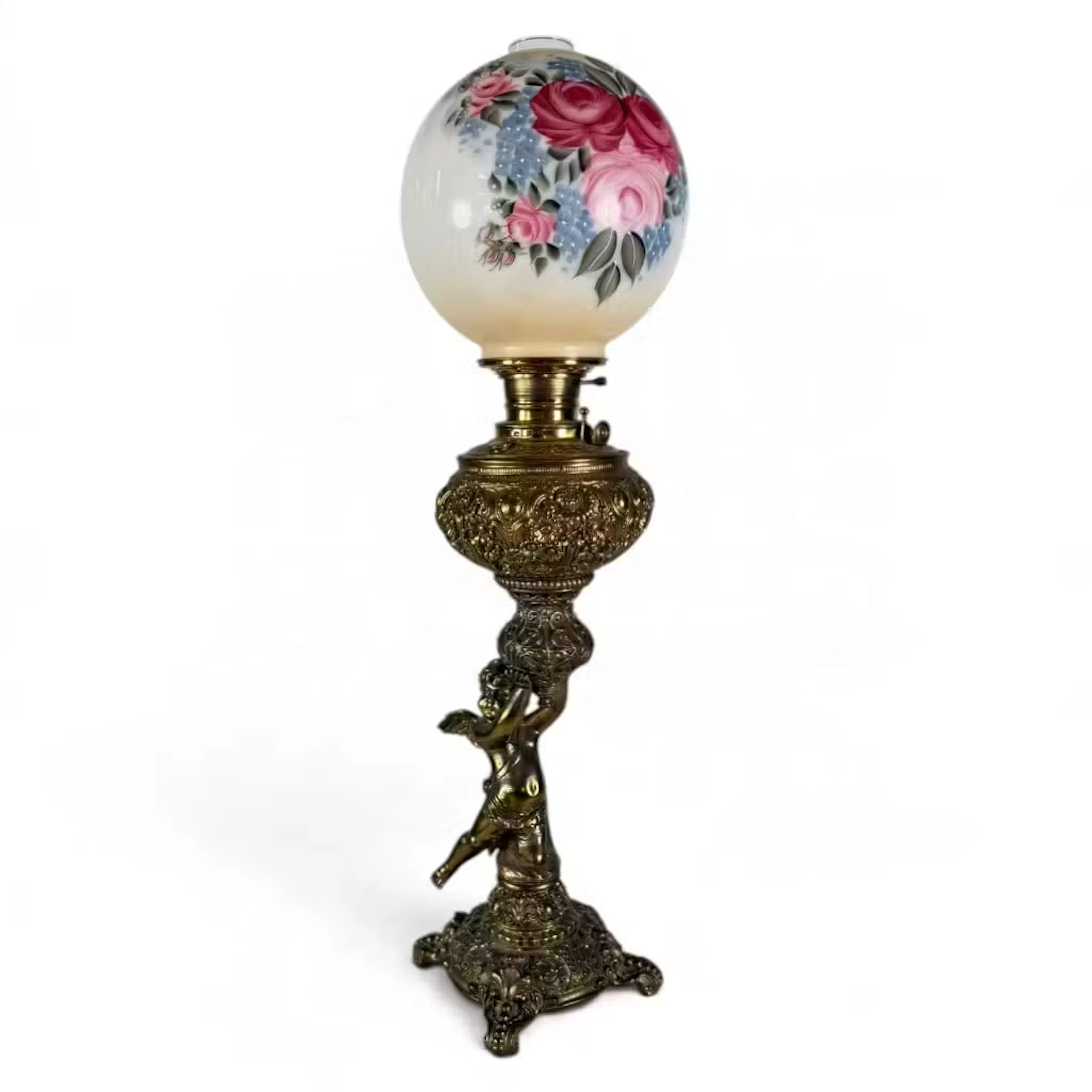 Lot 186: Figural Brass Lamp with Signed Floral Shade