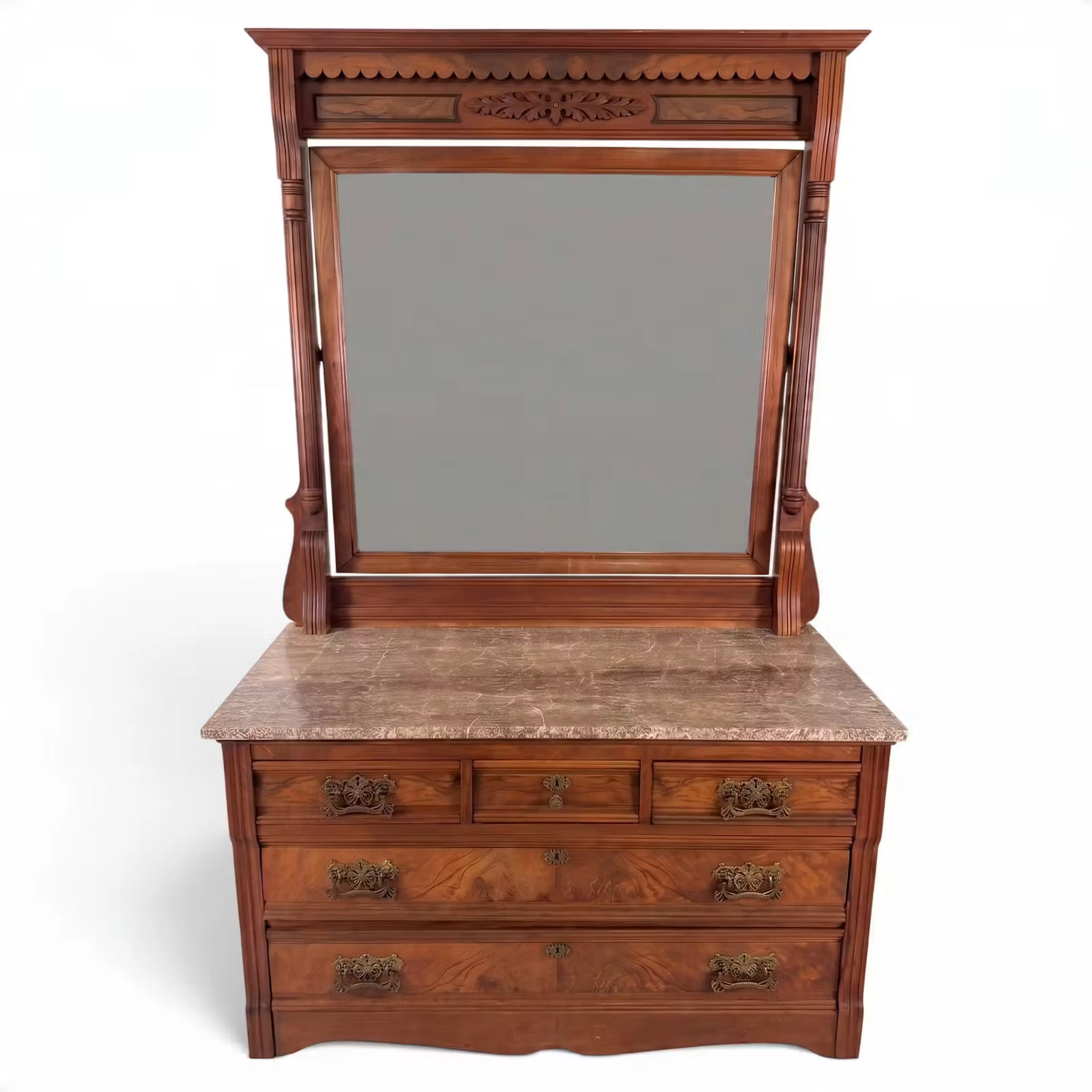 Lot 236: Eastlake Walnut Marble-Top Mirrored Dresser