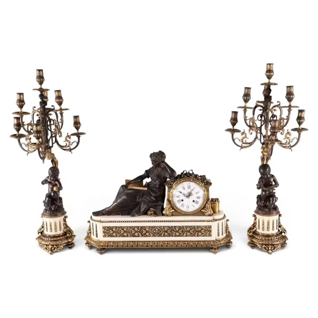 Lot 58: Charpentier Bronze & Marble Clock Garniture