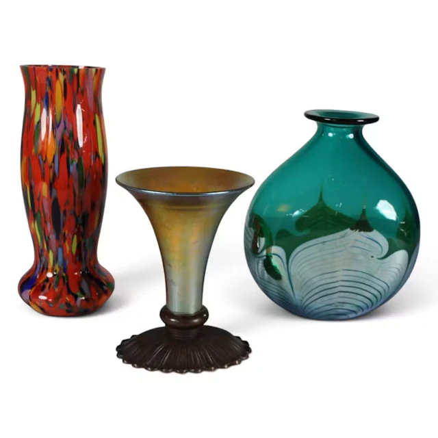 Lot 291: Three Art Glass Vases, One Metal-Mounted