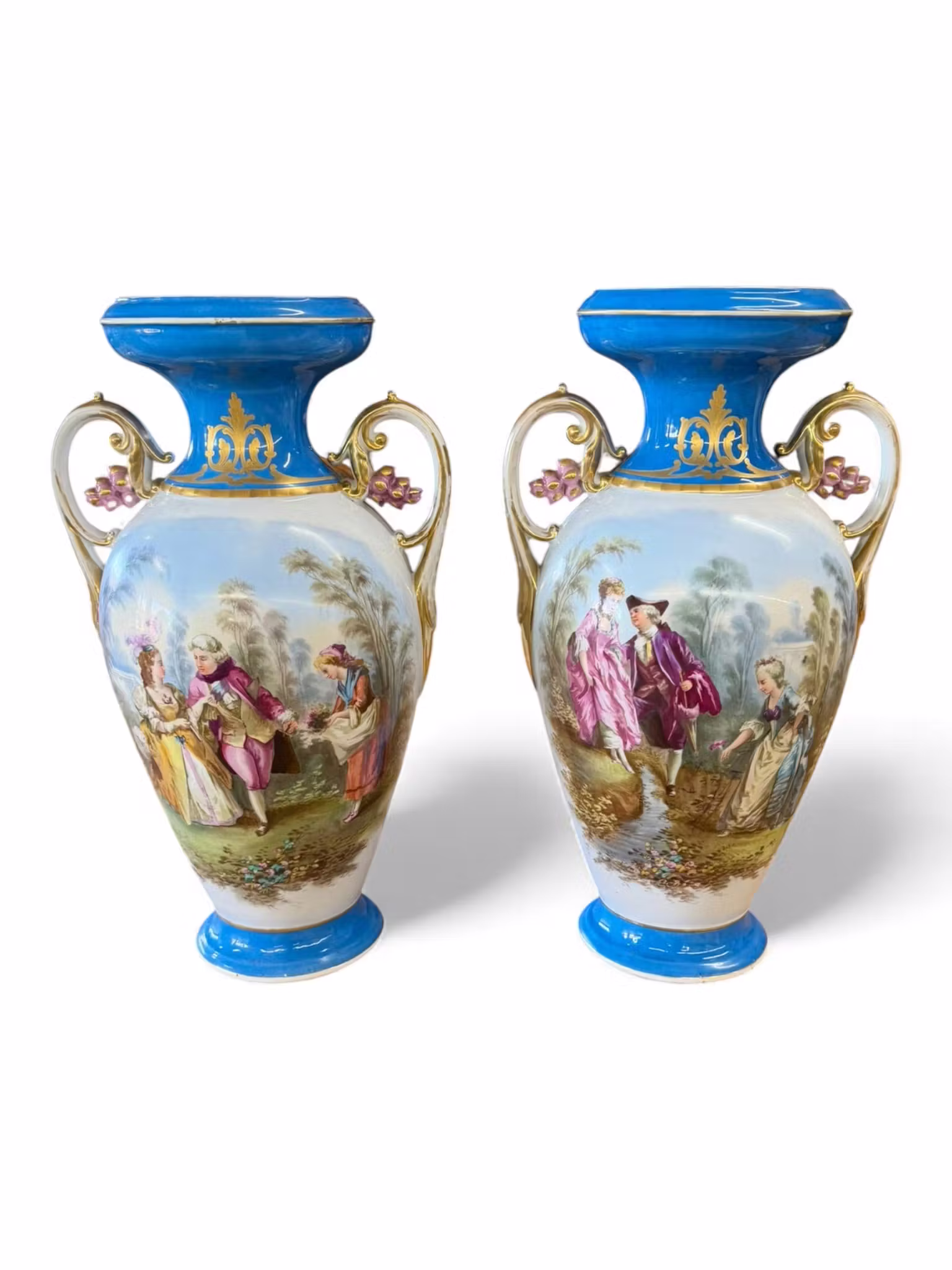 Pair of Large Continental Hand-Painted Porcelain Mantel Vases, Late