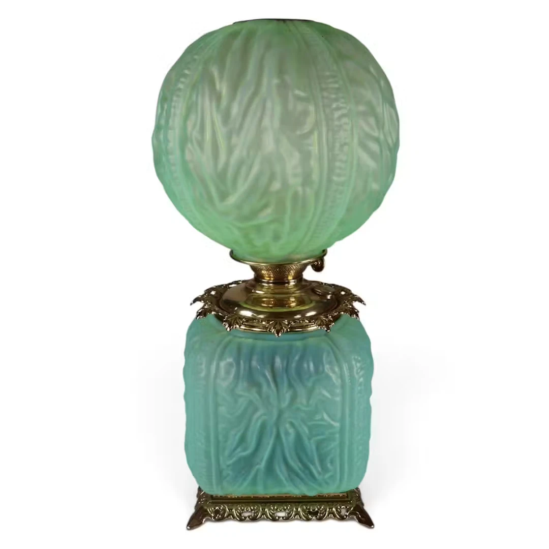 Lot 174: Beaded Drape Green Satin-Glass GWTW Lamp