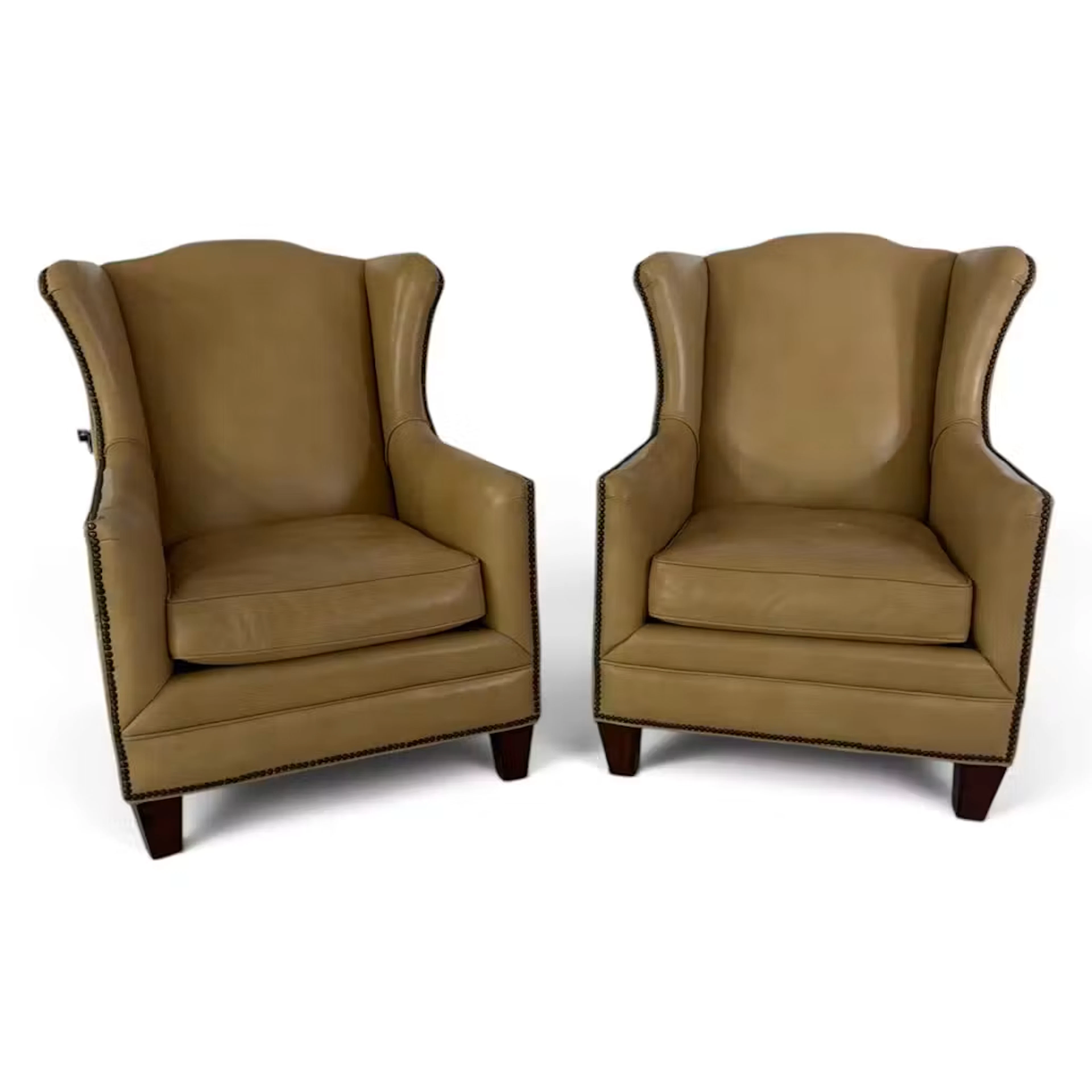 Lot 162: Pair Tan Leather Wingback Club Chairs