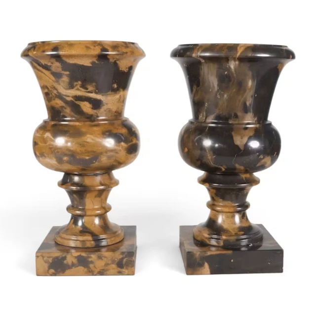 Lot 133: Pair Black & Golden-Brown Marble Urns