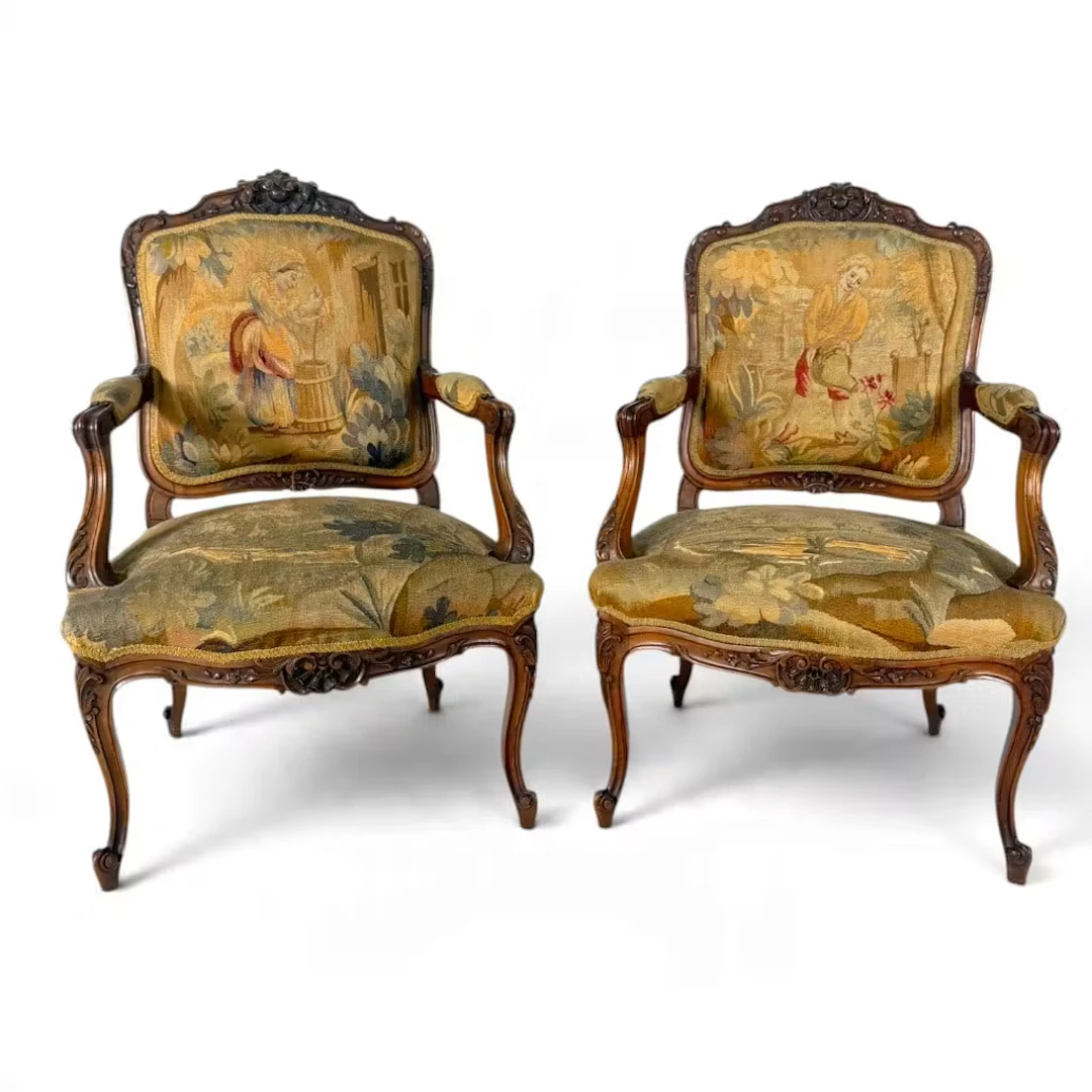Lot 191: Pair Louis XV Walnut Tapestry Fauteuils