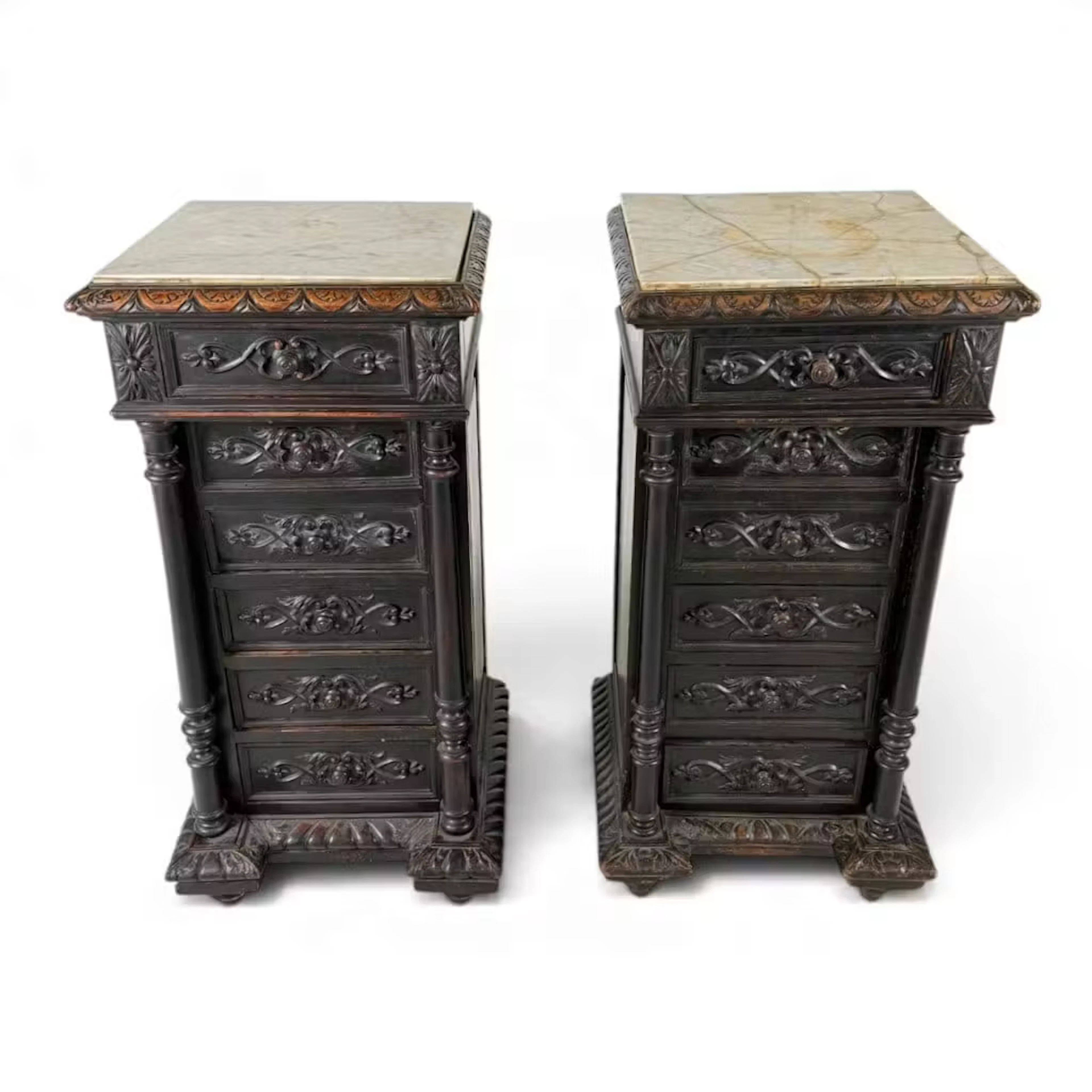 Lot 140A: Pair Ebonized Walnut Marble-Top Cabinets