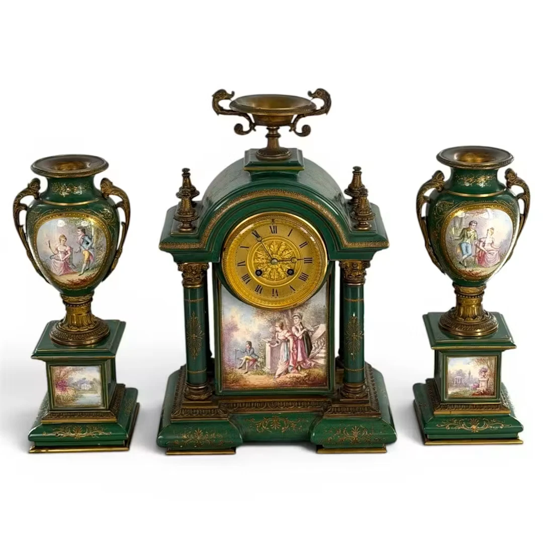 Lot 58A: French Green Sevres-Style Clock Garniture