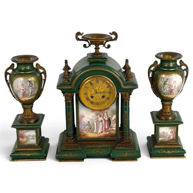 Lot 58A: French Green Sevres-Style Clock Garniture