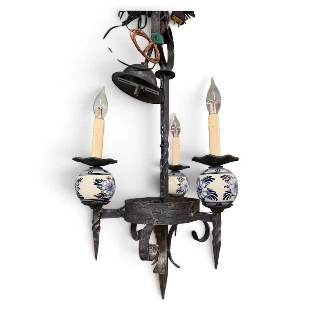 Lot 282: Iron & Blue-White Ceramic Chandelier