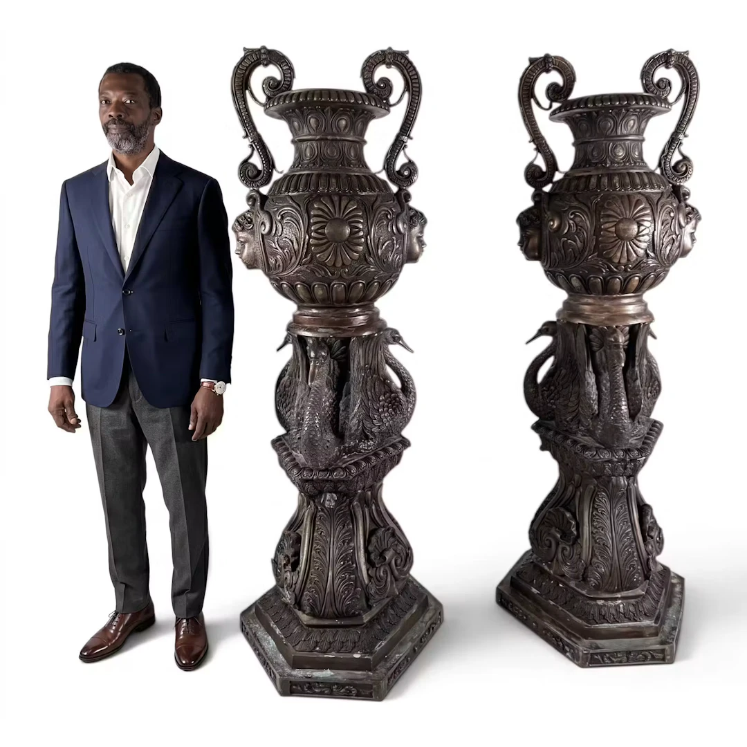 Lot 74: Pair Monumental Bronze Urns on Swan Bases