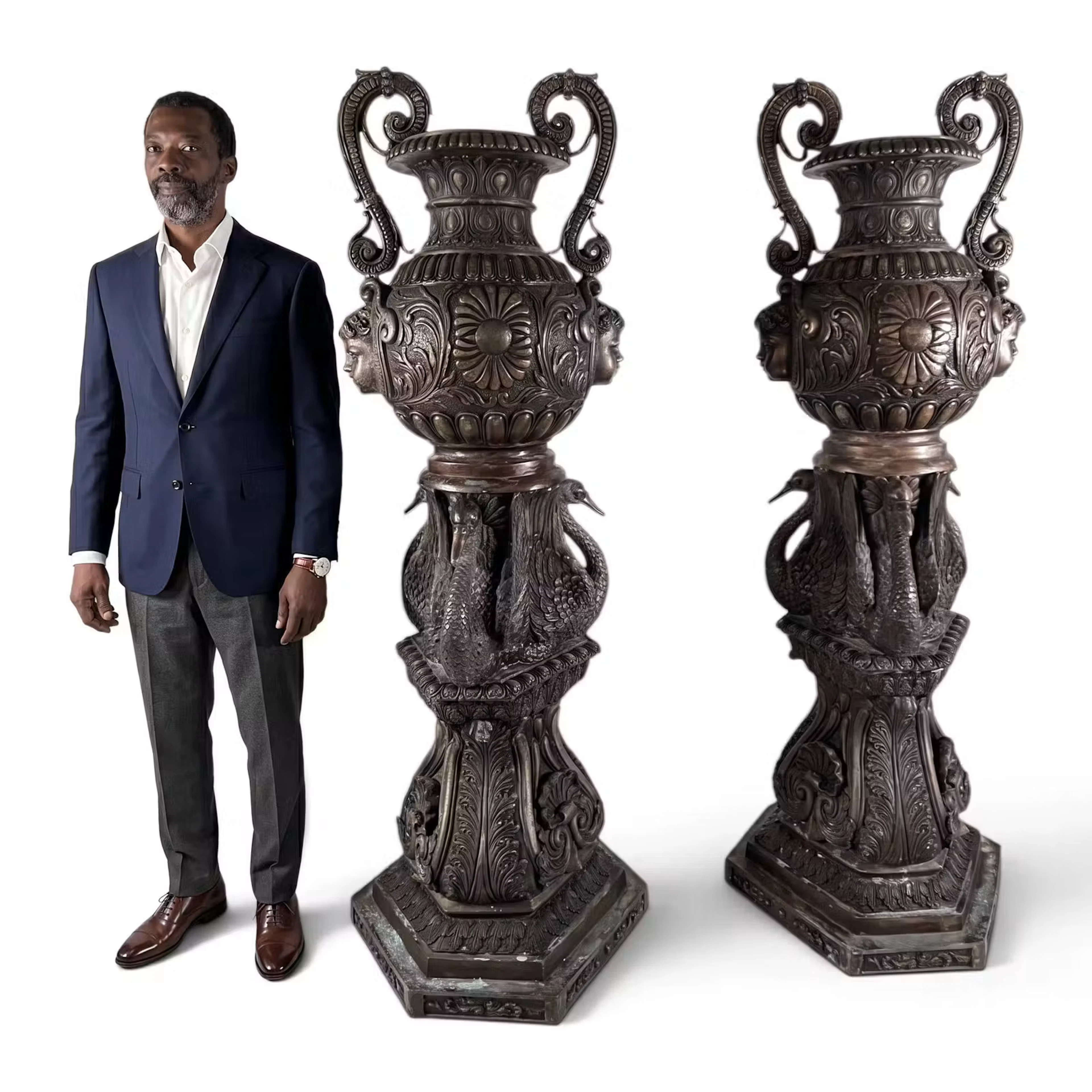 Lot 74: Pair Monumental Bronze Urns on Swan Bases