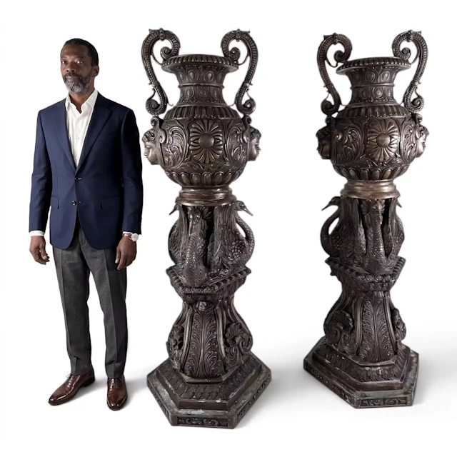Lot 74: Pair Monumental Bronze Urns on Swan Bases