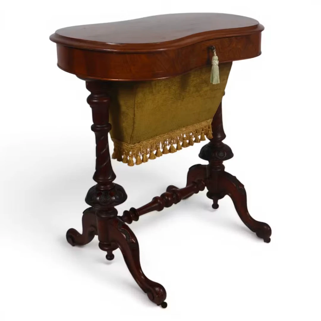 Lot 154A: Victorian Burl Walnut Kidney Sewing Table