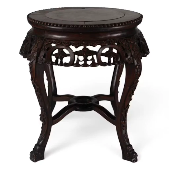 Lot 185: Chinese Carved Hardwood Marble-Top Stand